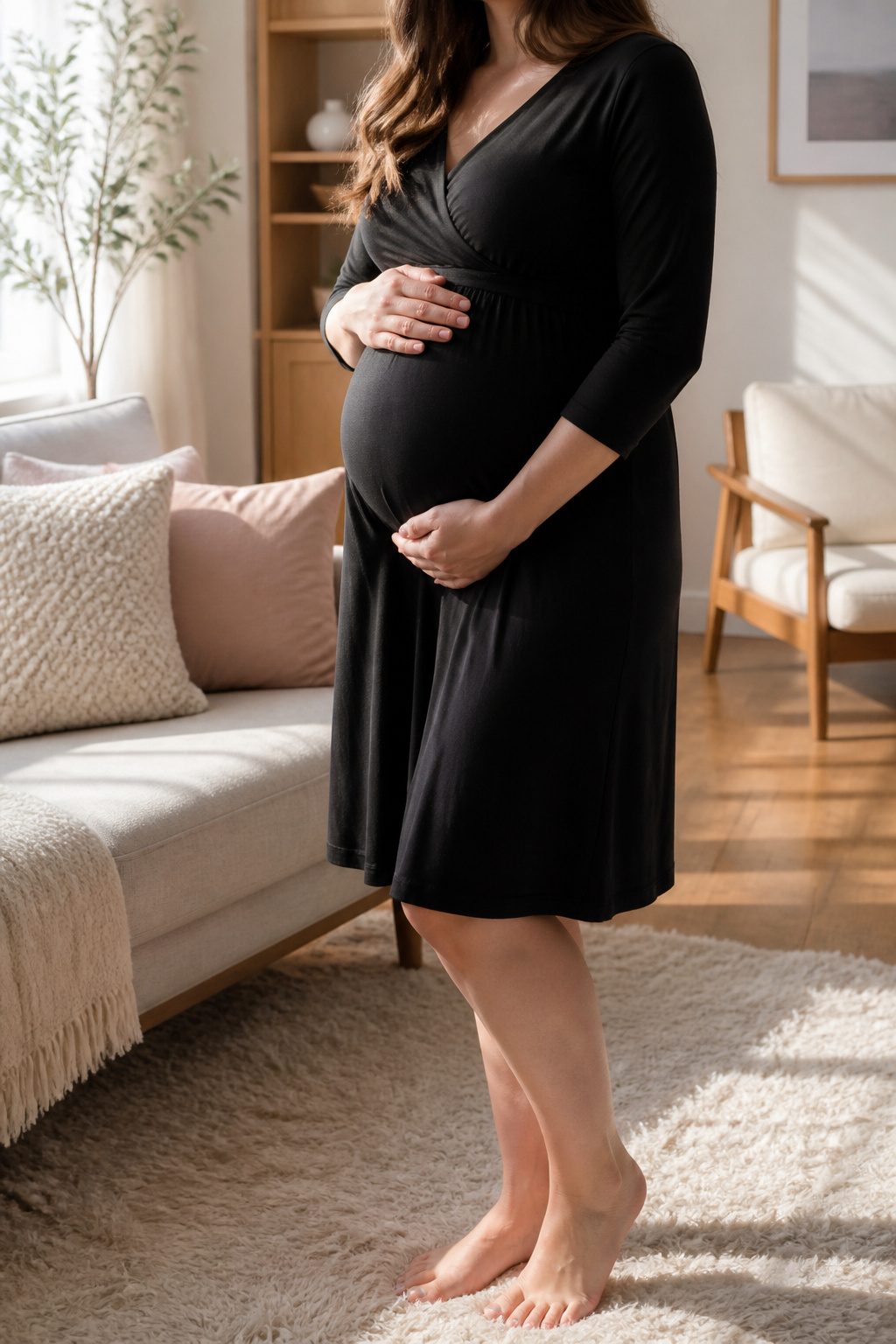 Expectant mother in a nursing dress in a sunlit living room.