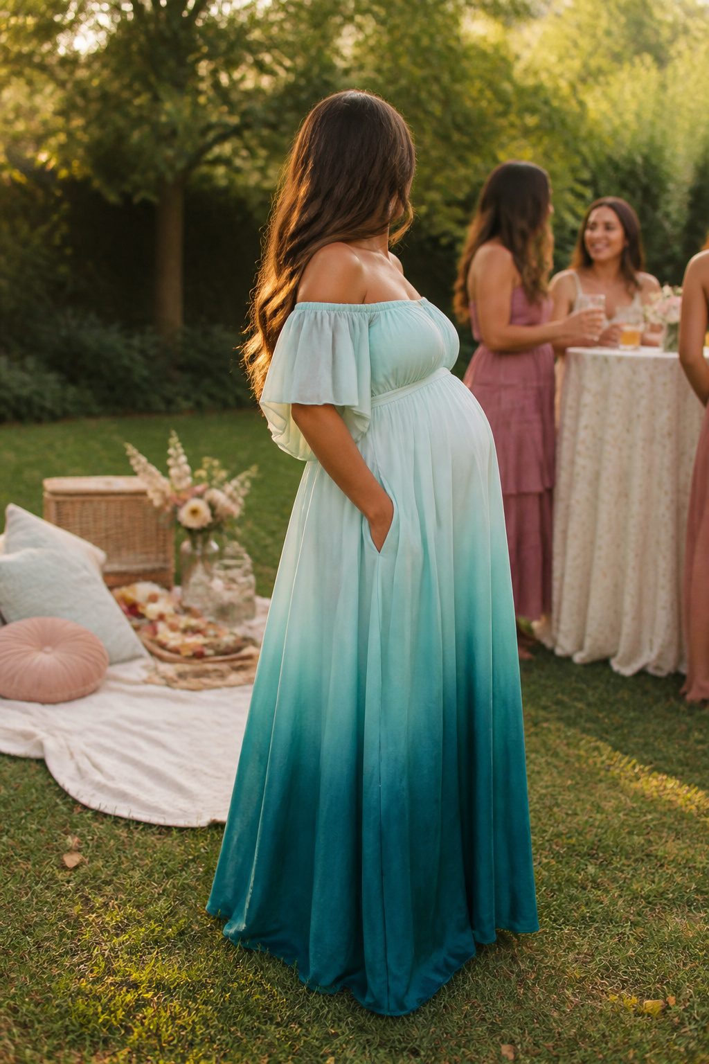 Expectant mother in an off-the-shoulder maternity gown outdoors.