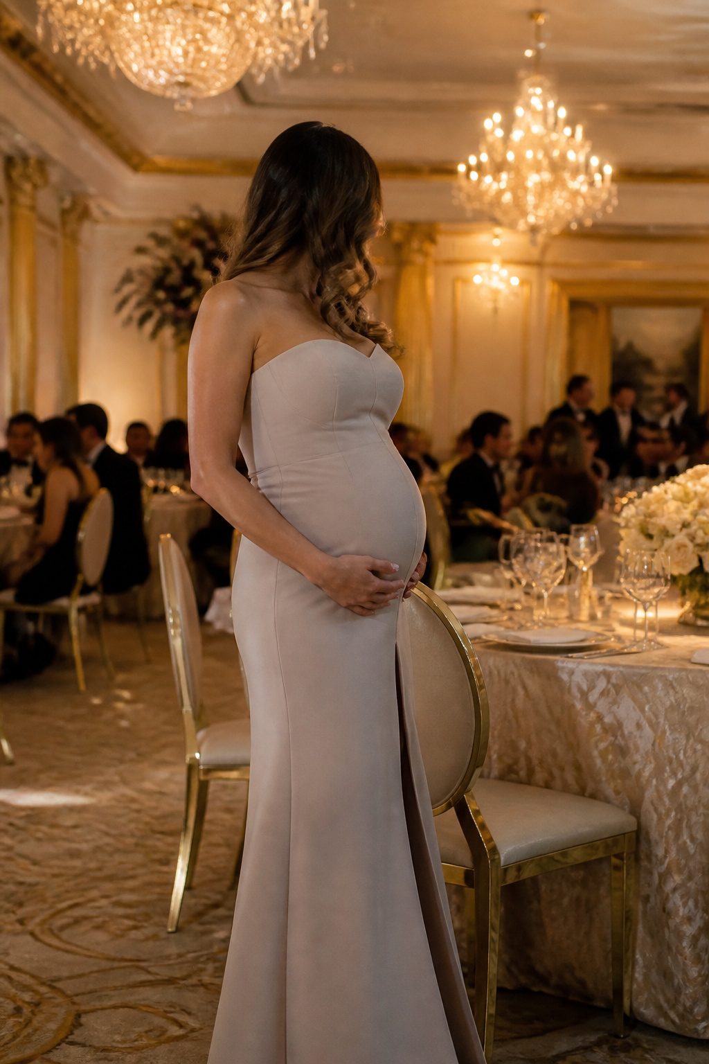 Expectant mother in a strapless dress at a decorated ballroom.