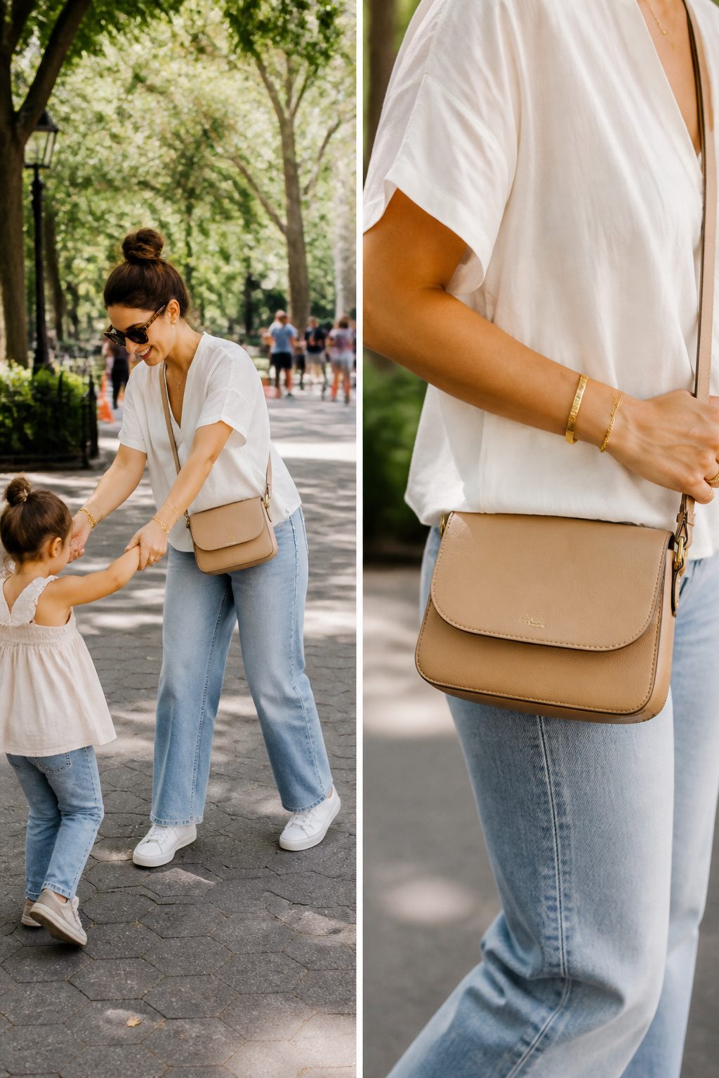 Millennial Mom Outfits: Easy Dressing for Real Days 13 Woman with a hands-free bag wearing a neutral blouse and jeans.