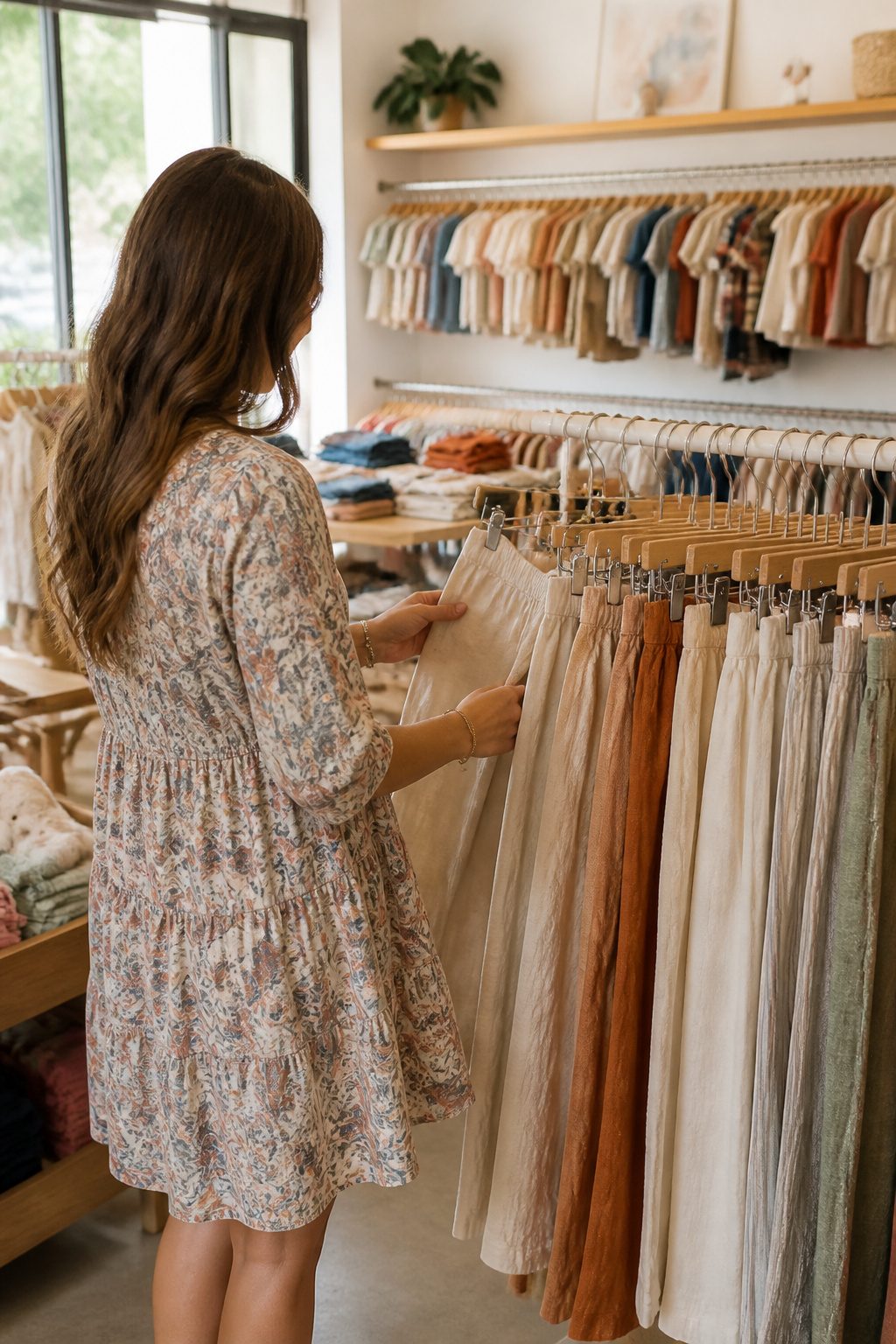 Millennial Mom Outfits: Easy Dressing for Real Days 11 Woman in a print dress looking at fabric in a clothing store.