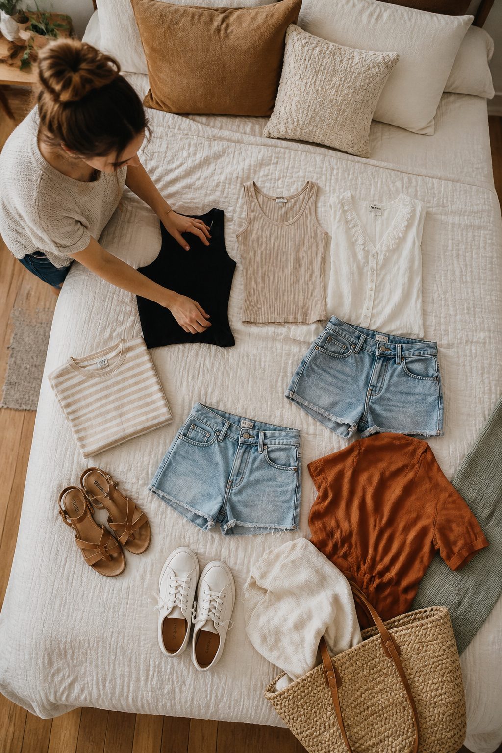 Millennial Mom Outfits: Easy Dressing for Real Days 15 A collection of outfits displayed across a bed.