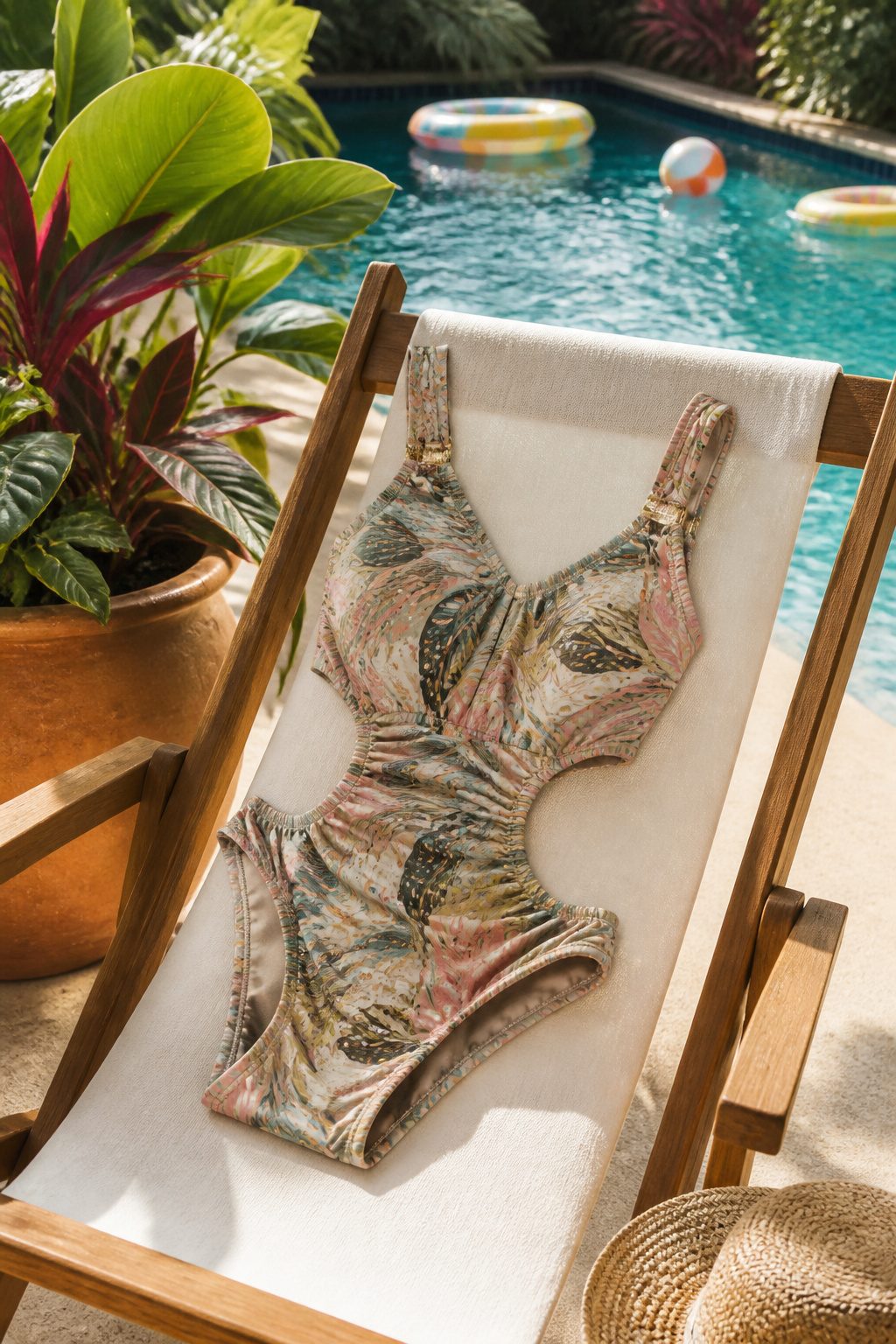 A colorful one-piece bathing suit on a lounge chair by a pool.