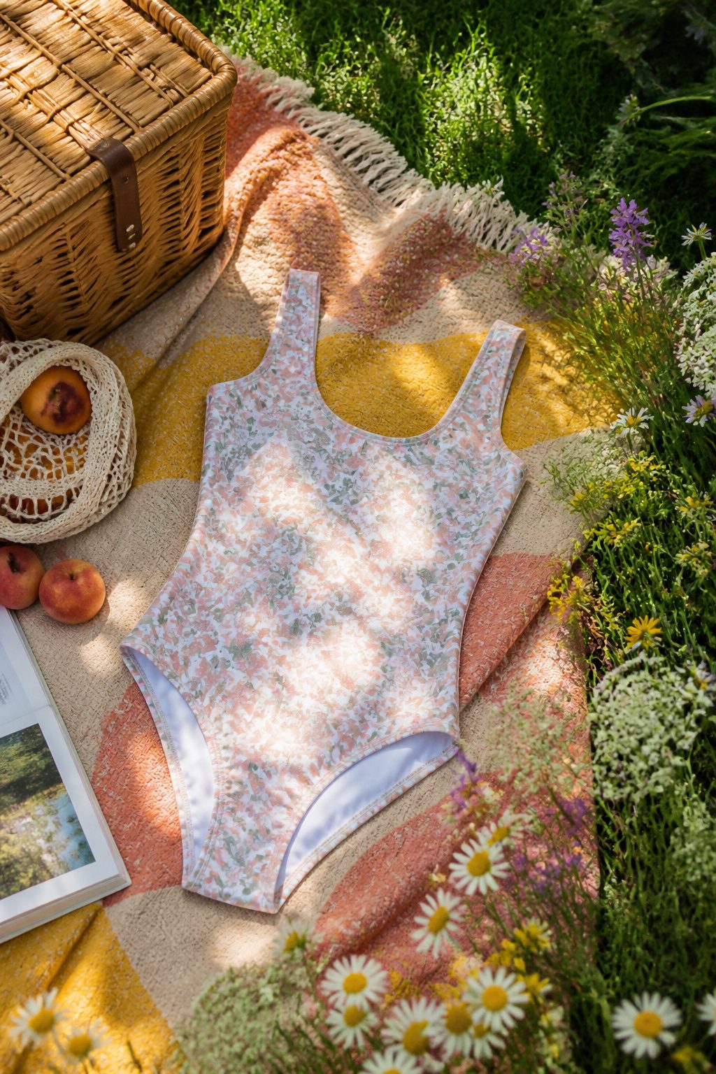 A pastel floral one-piece bathing suit on grass with wildflowers.