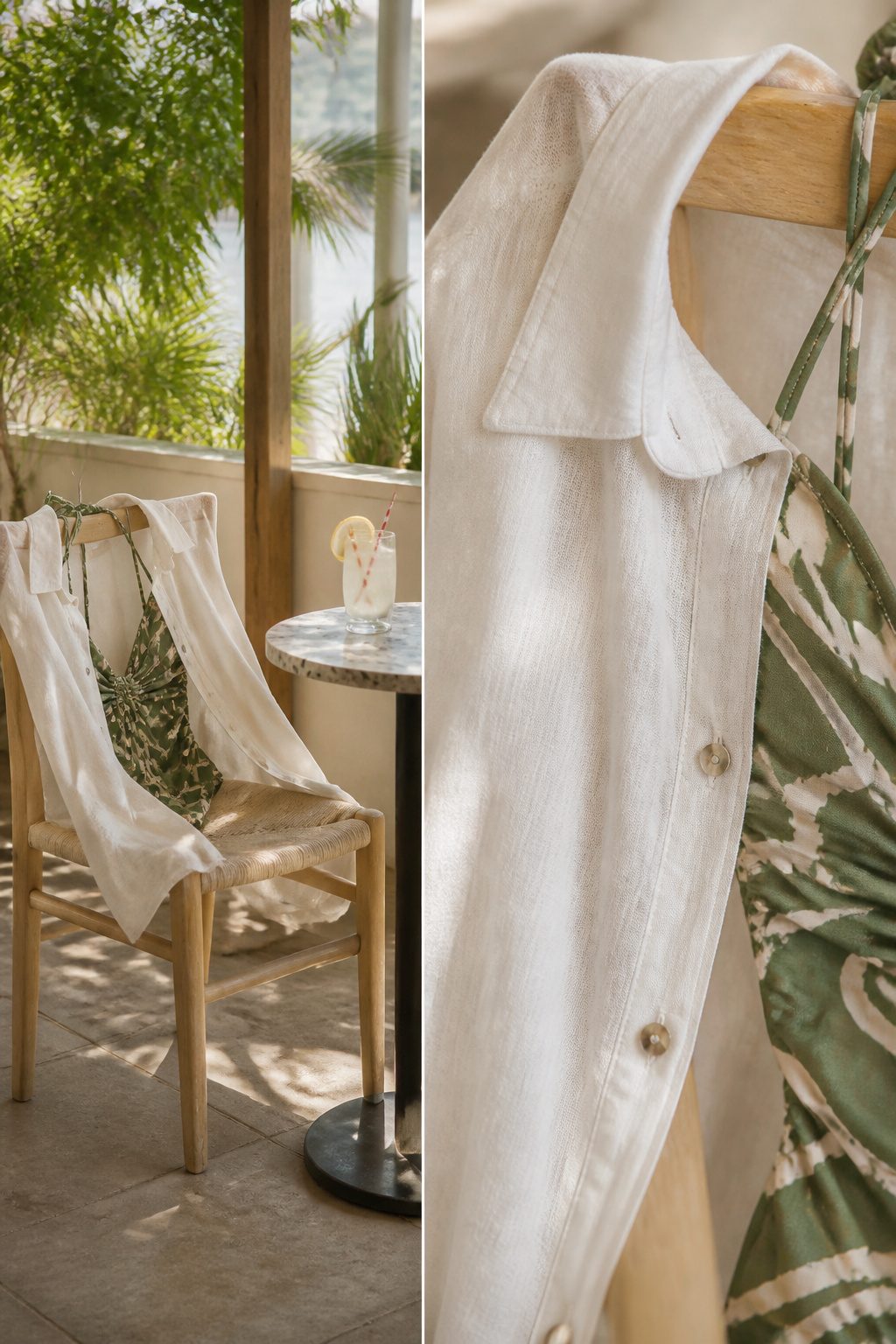 A linen button-down beach tunic laid over a swimsuit on a table.