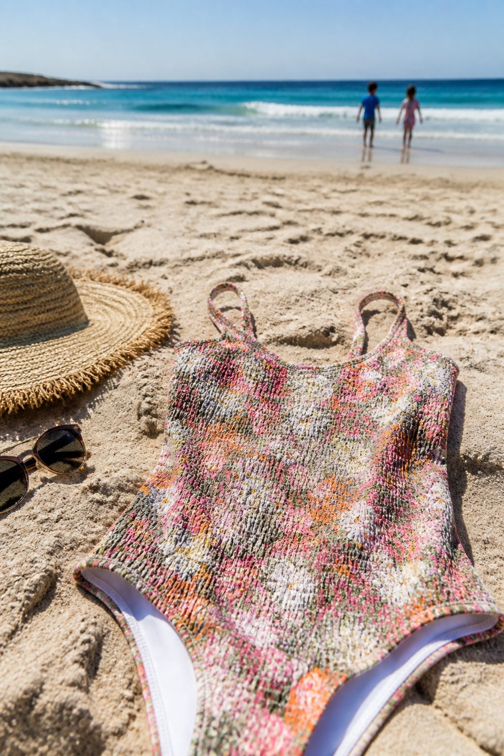 A textured one-piece bathing suit laid out on a beach.