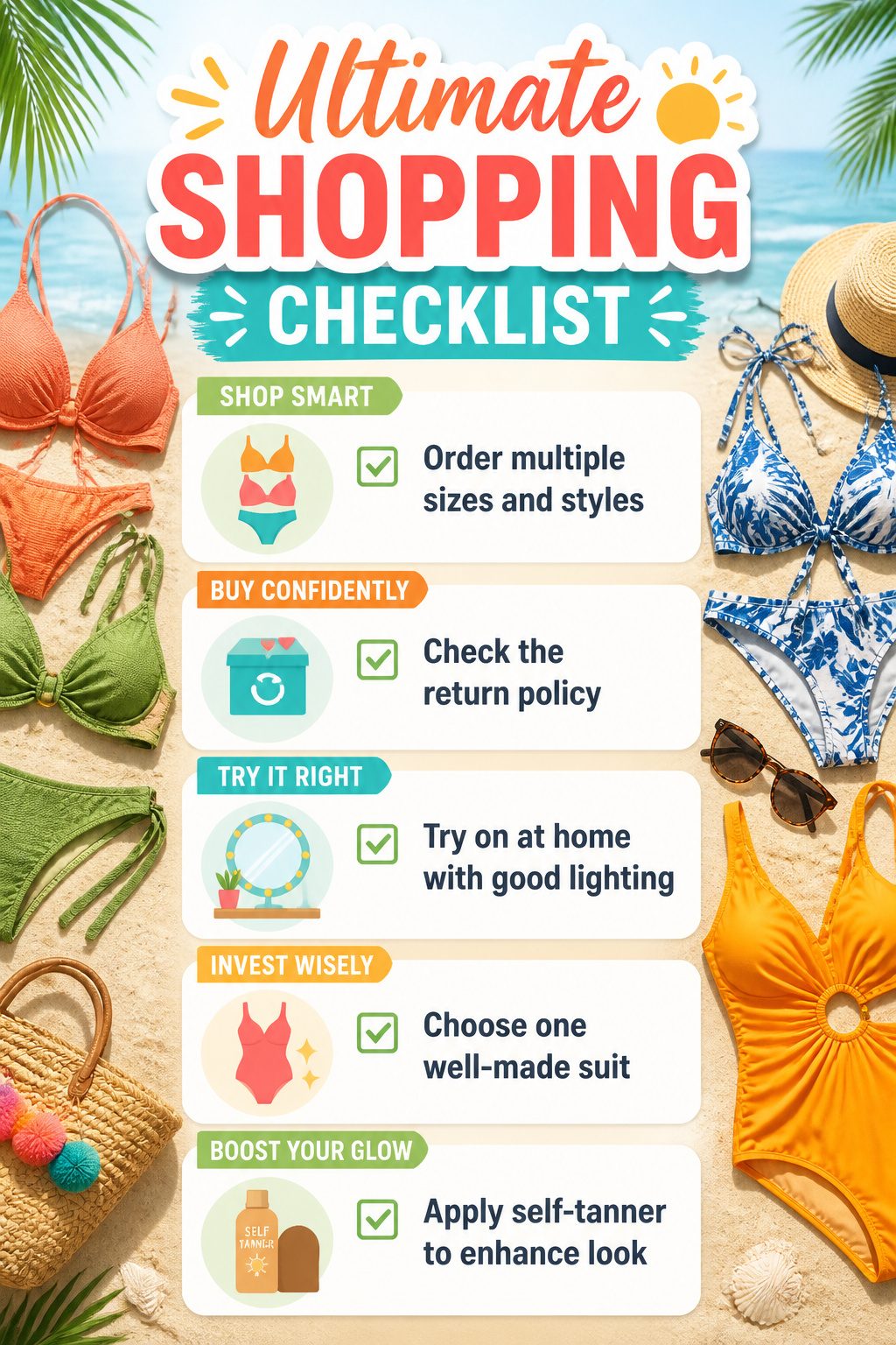 An infographic listing tips for swimsuit shopping.