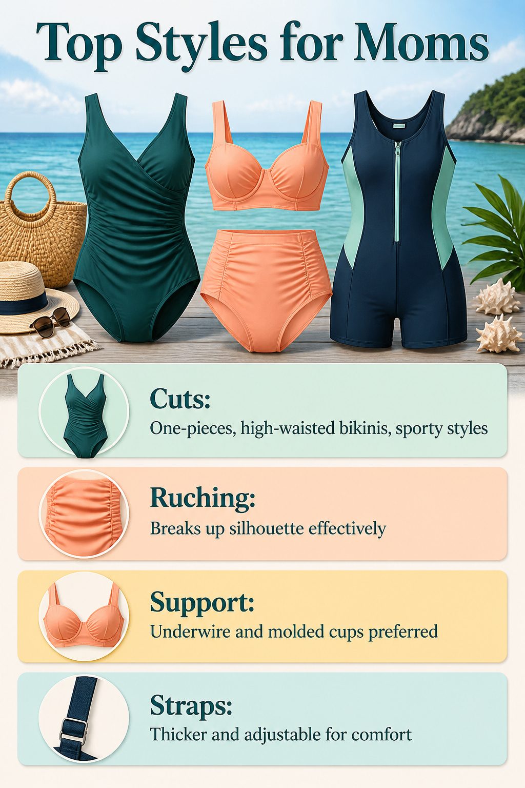 An infographic highlighting popular swimsuit styles for mothers.