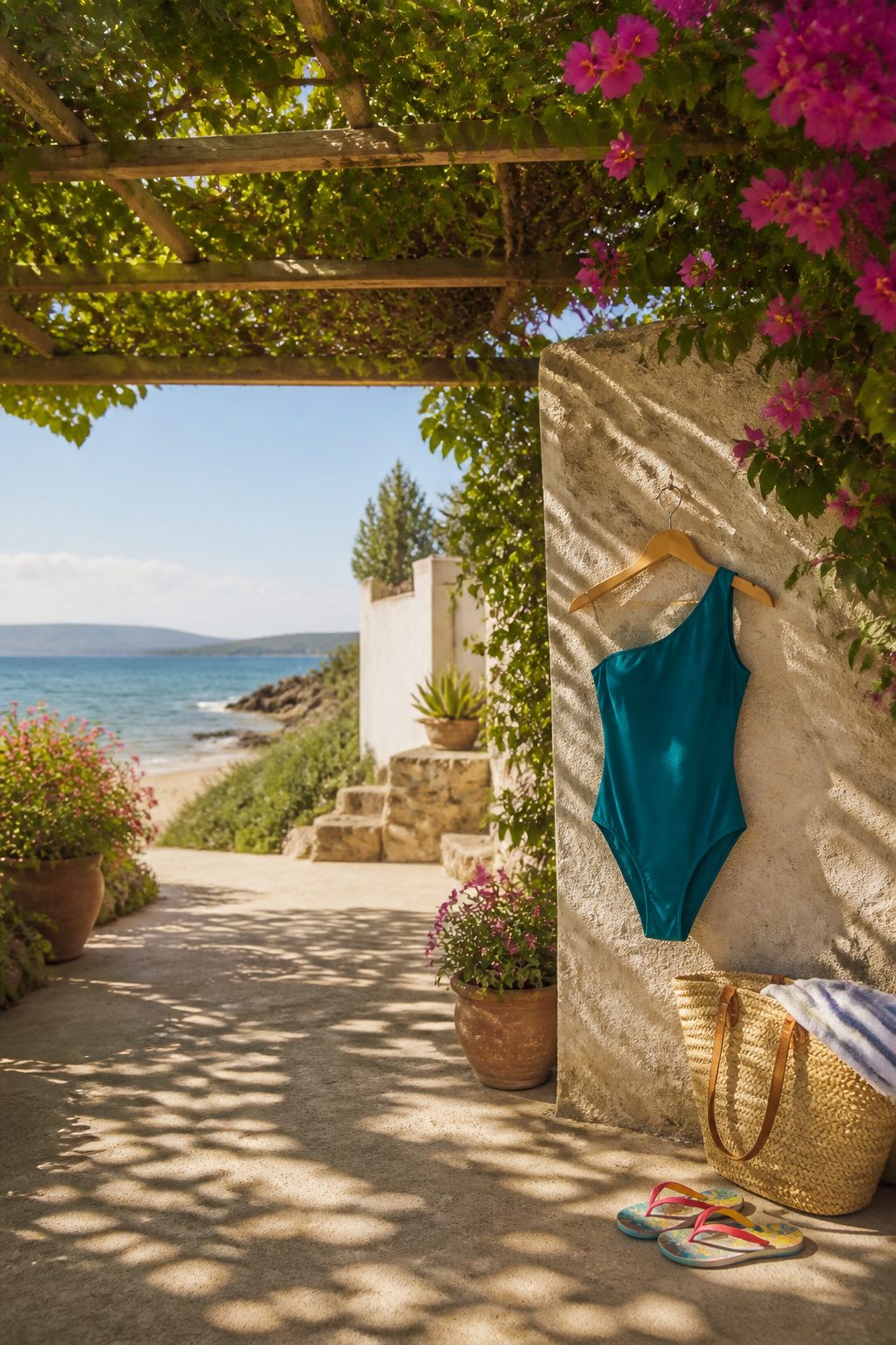 A one-shoulder swimsuit with floral print on a blanket in a garden.