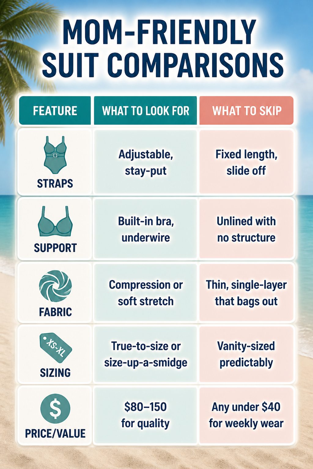 An infographic comparing various mom-friendly swimsuit features.