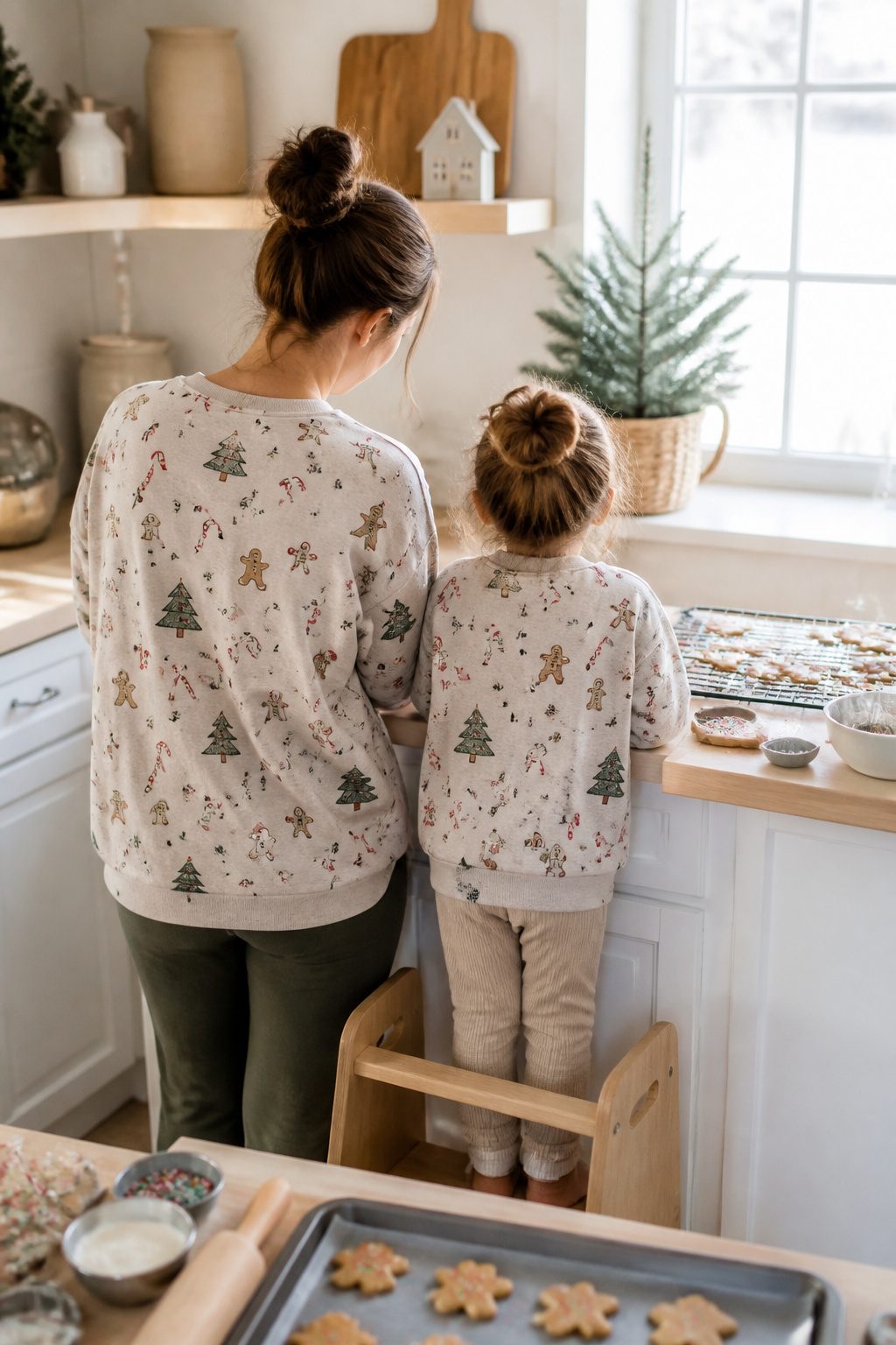 Mother and child in matching sweatshirts in a sunny kitchen.