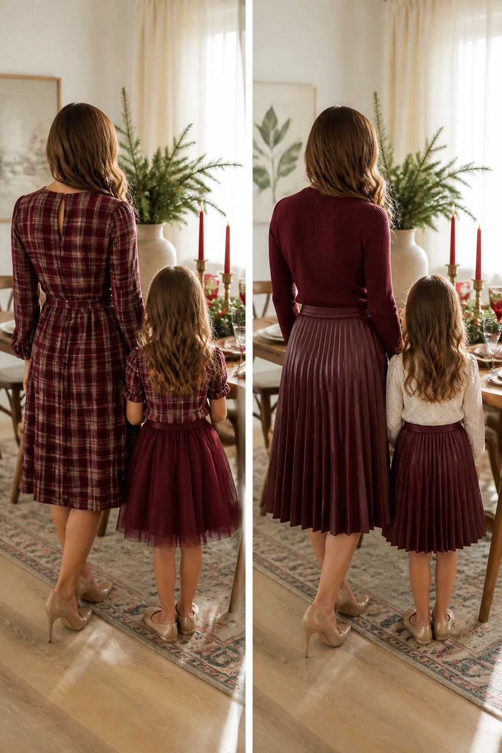 Mother and child dressed in coordinating outfits with different styles.