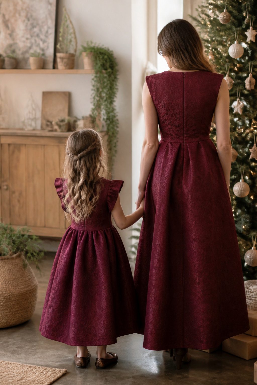 Mother and daughter in handmade outfits with vibrant fabrics.