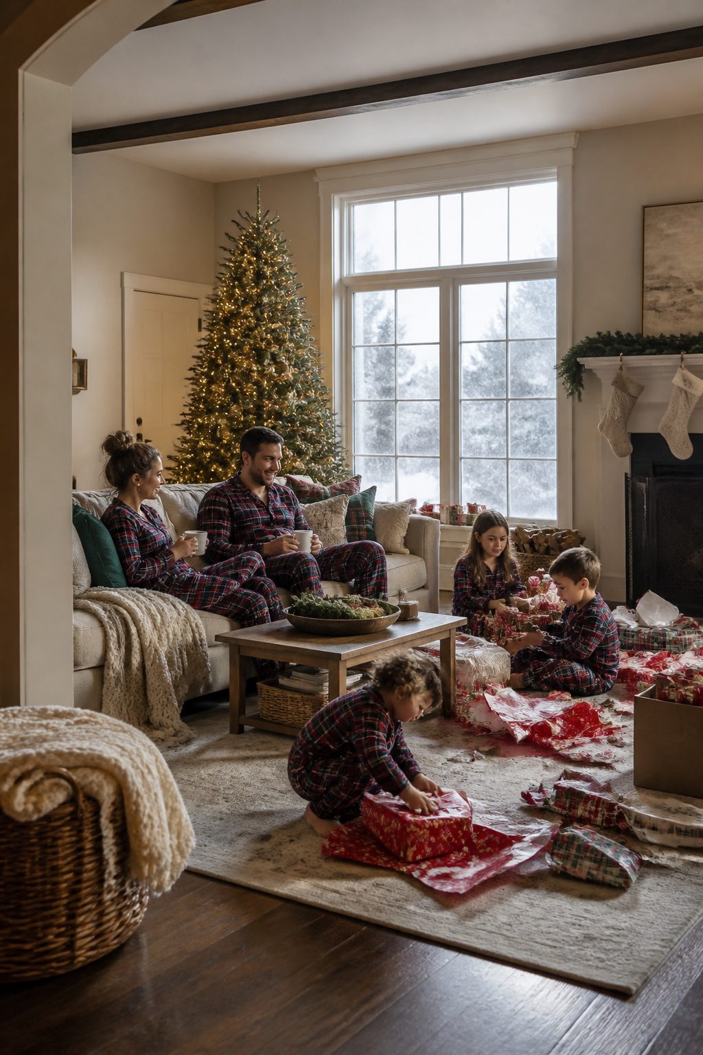 Family in matching Christmas pajamas gathered around gifts.
