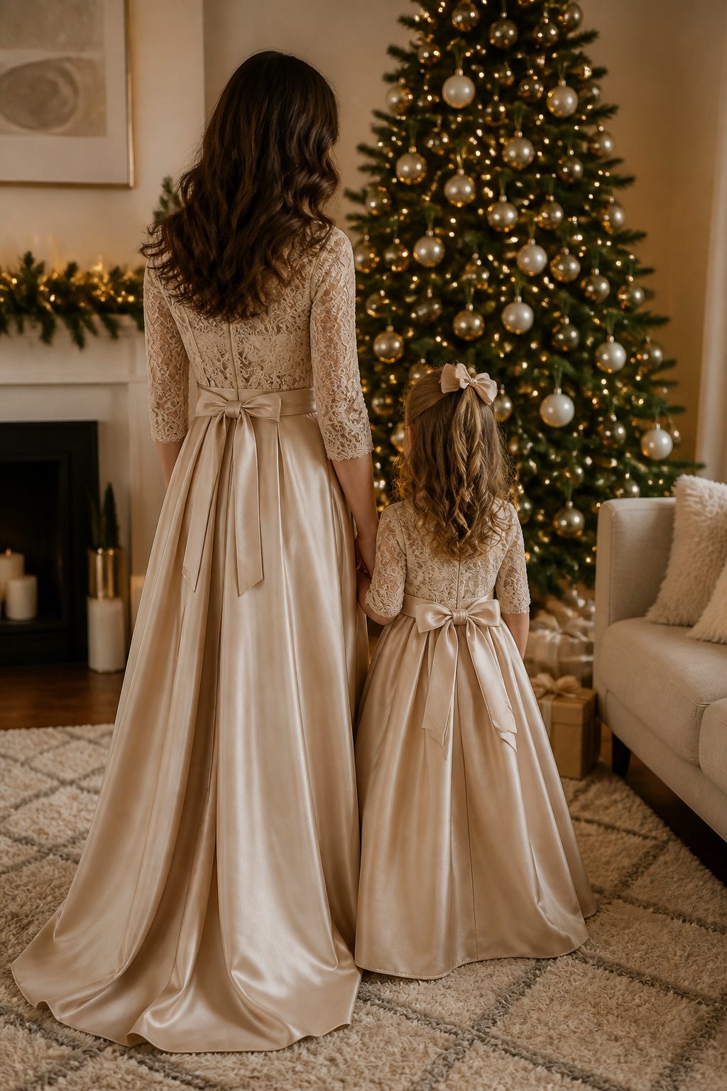Mother and daughter in matching luxurious dresses with lace and satin.