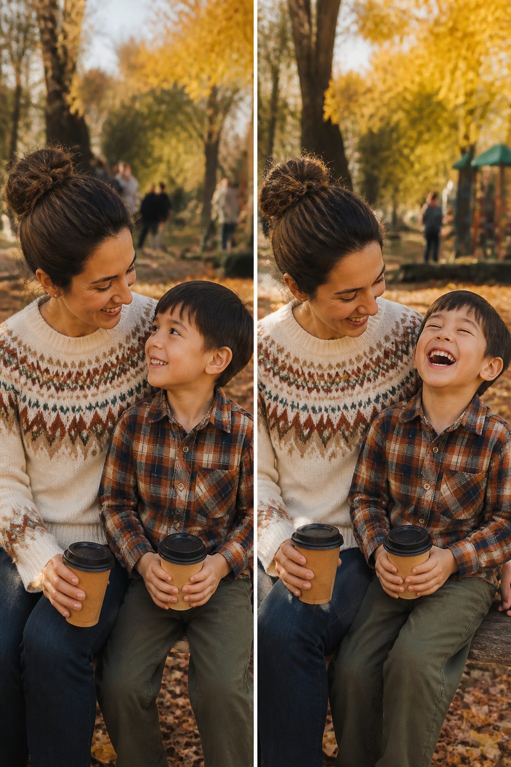 Mother and son in coordinating outfits with a neutral color palette.