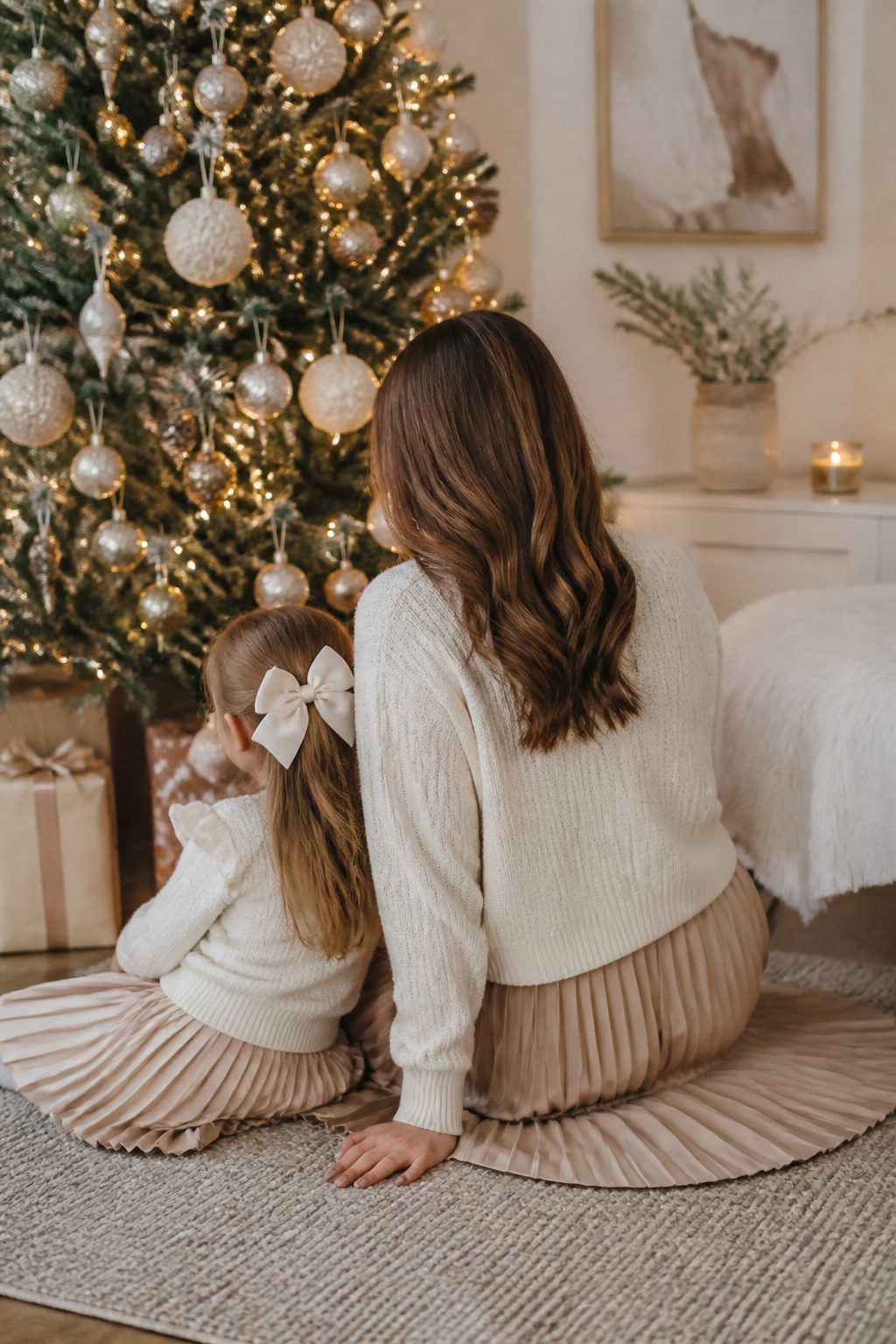 Mother and daughter in personalized outfits with embroidered initials.