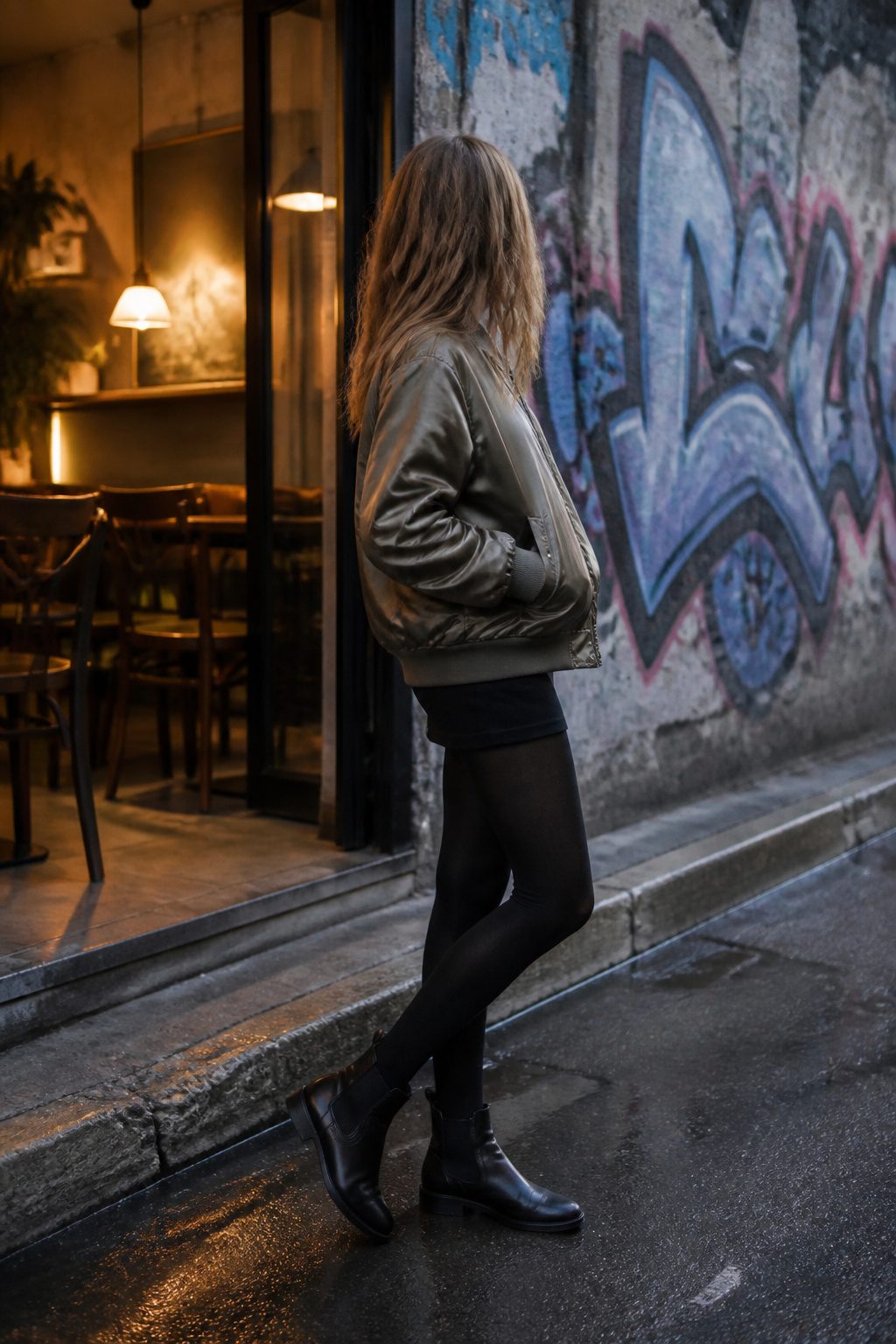 A model wears a bomber jacket and black tights in a city setting.