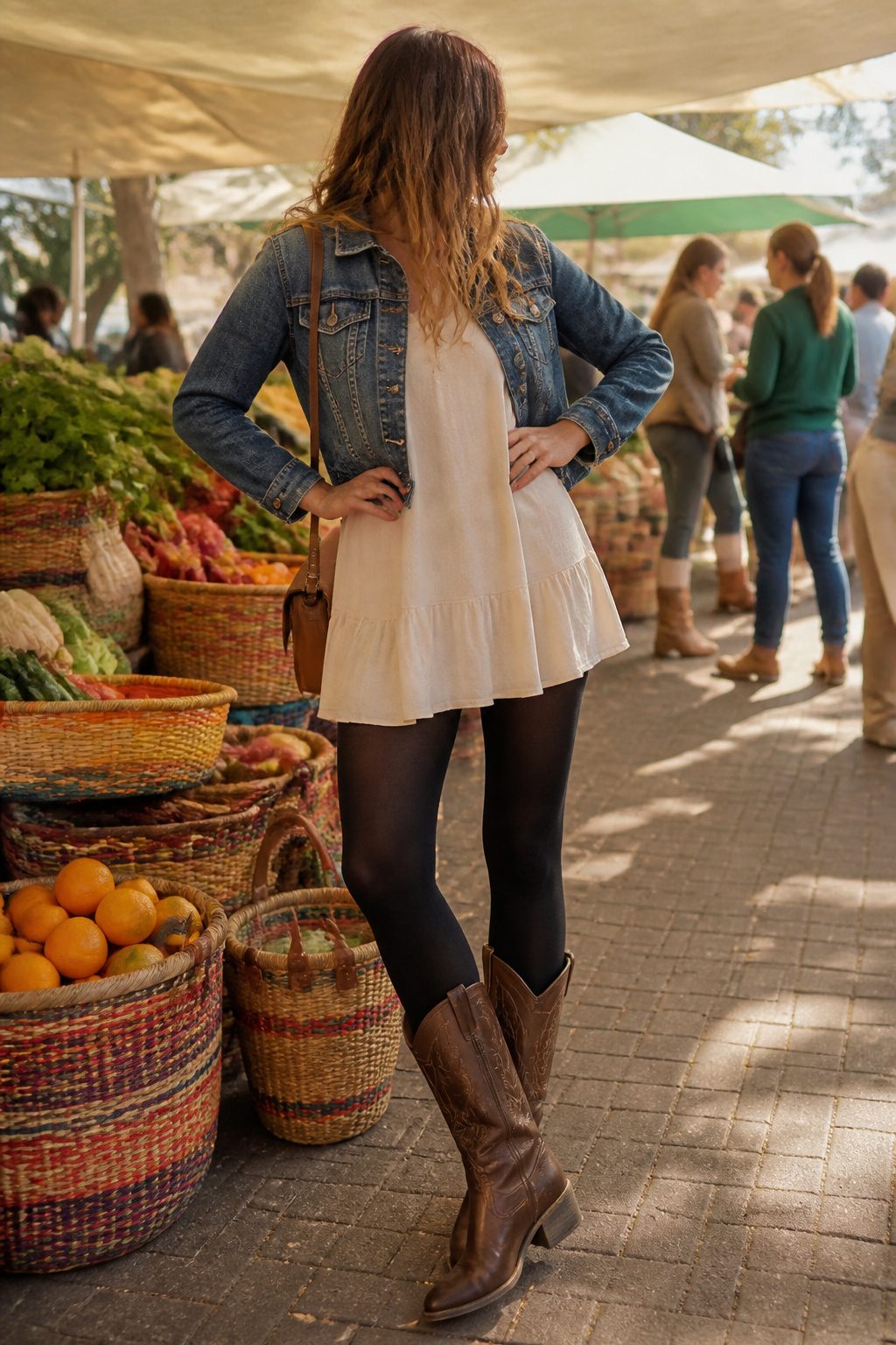 A model wears black tights and cowboy boots in a country-themed market.