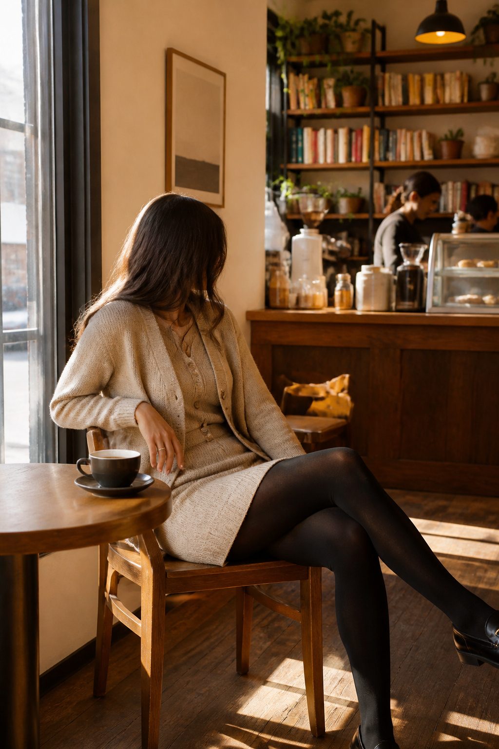 A model in a cozy coffee shop wearing a cardigan set and black tights.