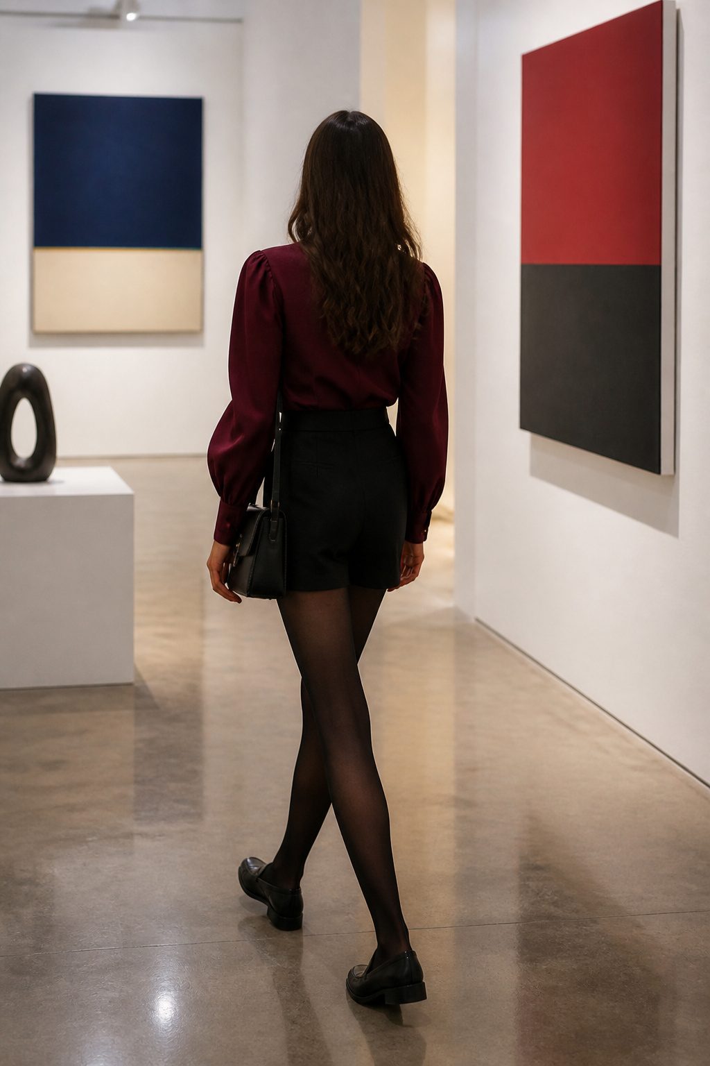 A model showcases a monochrome outfit paired with black tights in an art gallery.