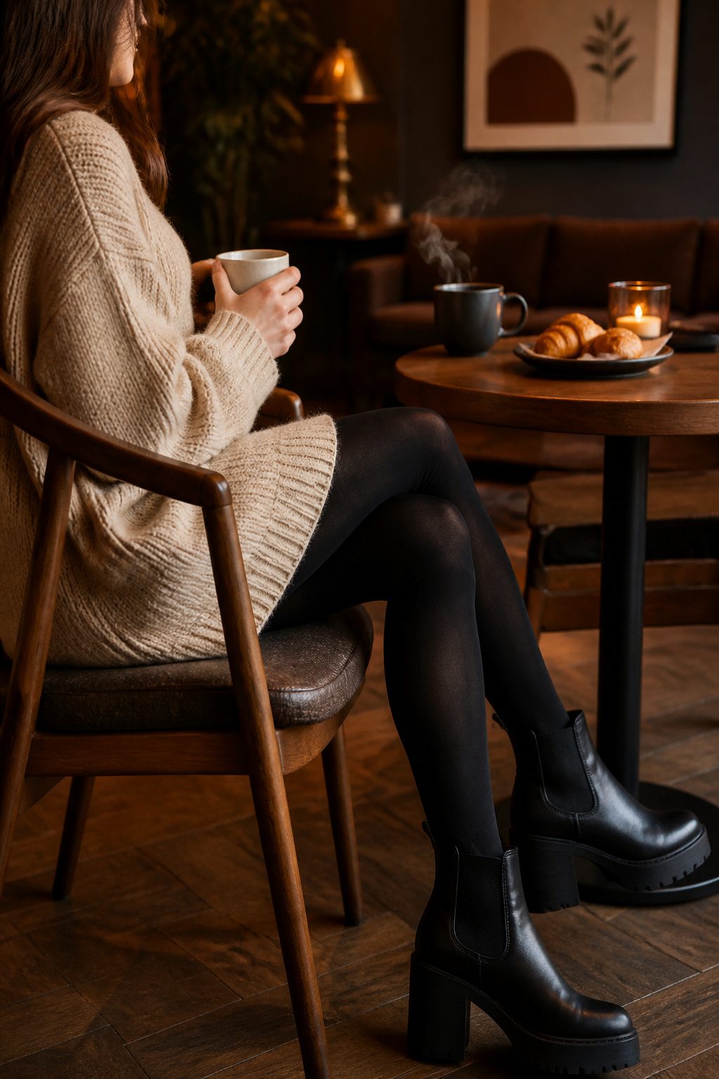 A model in a cozy café wearing a sweater dress and black tights.