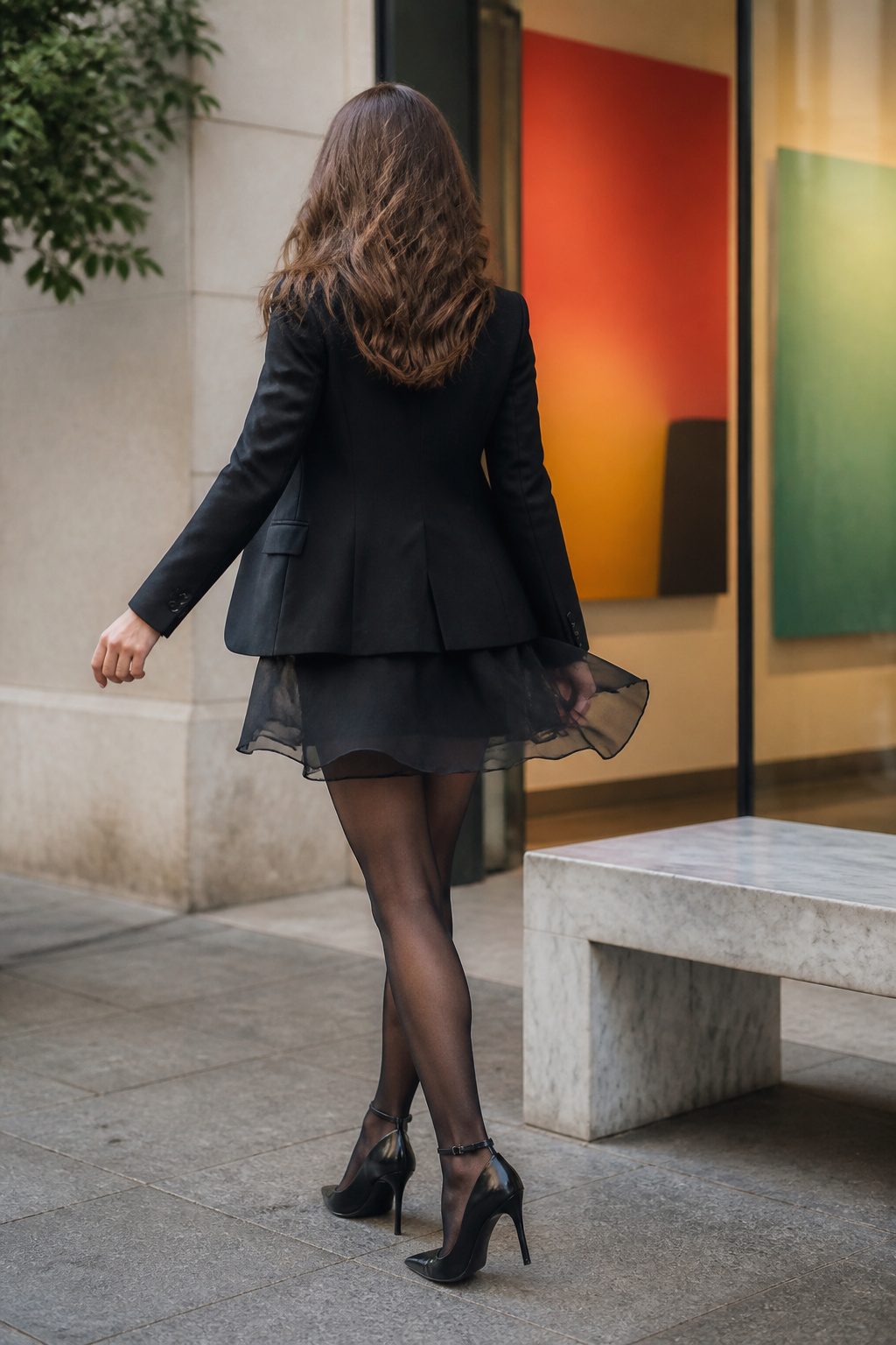 A model wears a black blazer with a sheer skirt and sheer tights near an art gallery.