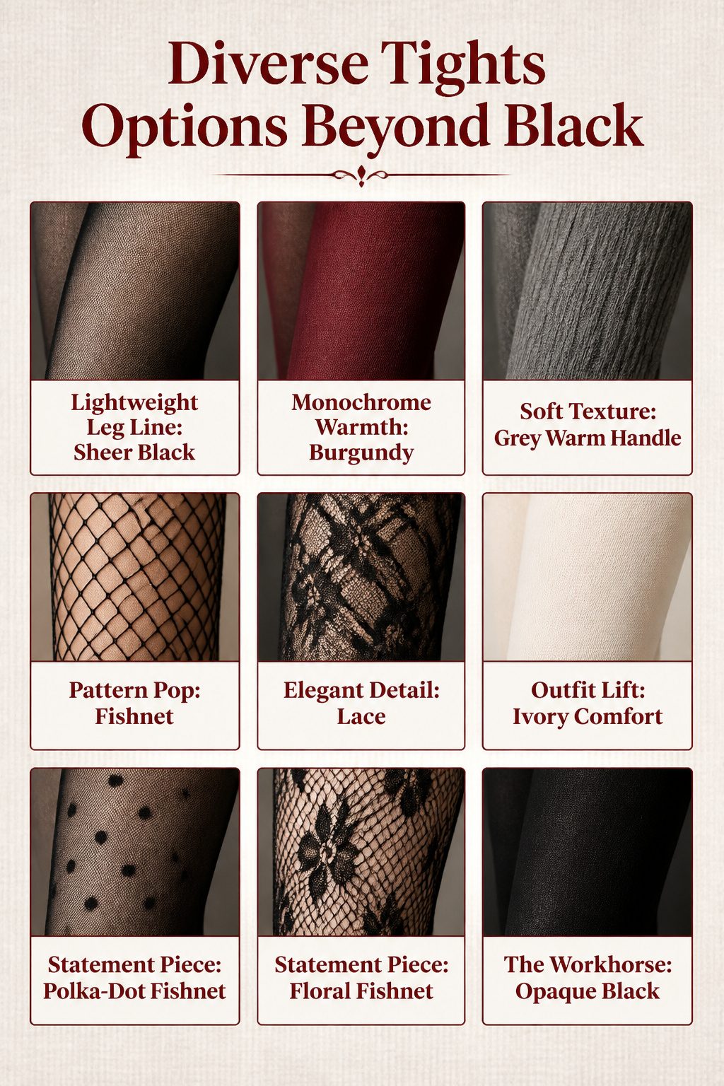 An image displaying various colored and patterned tights options.