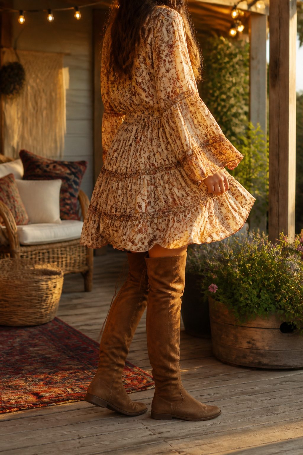 Boho dress with tiered skirt and flat over-the-knee boots.