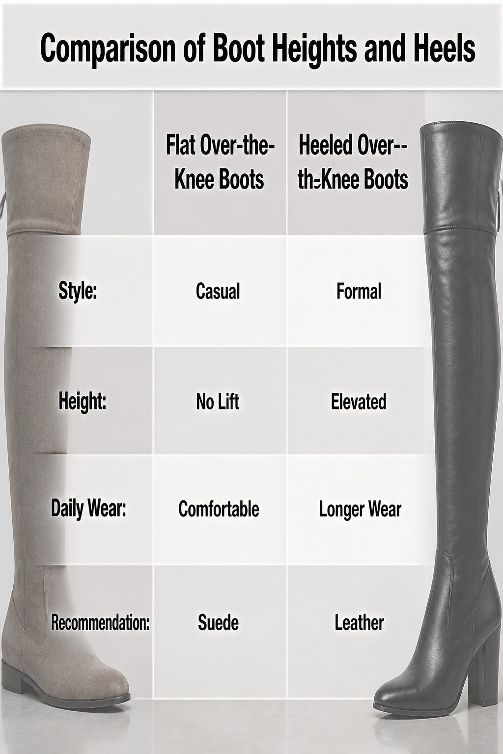 Comparison image of various over-the-knee boot heights and heels.