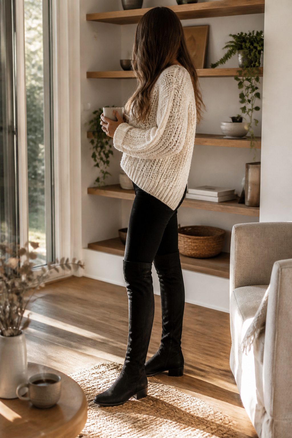Chunky knit sweater over black pants with over-the-knee boots.