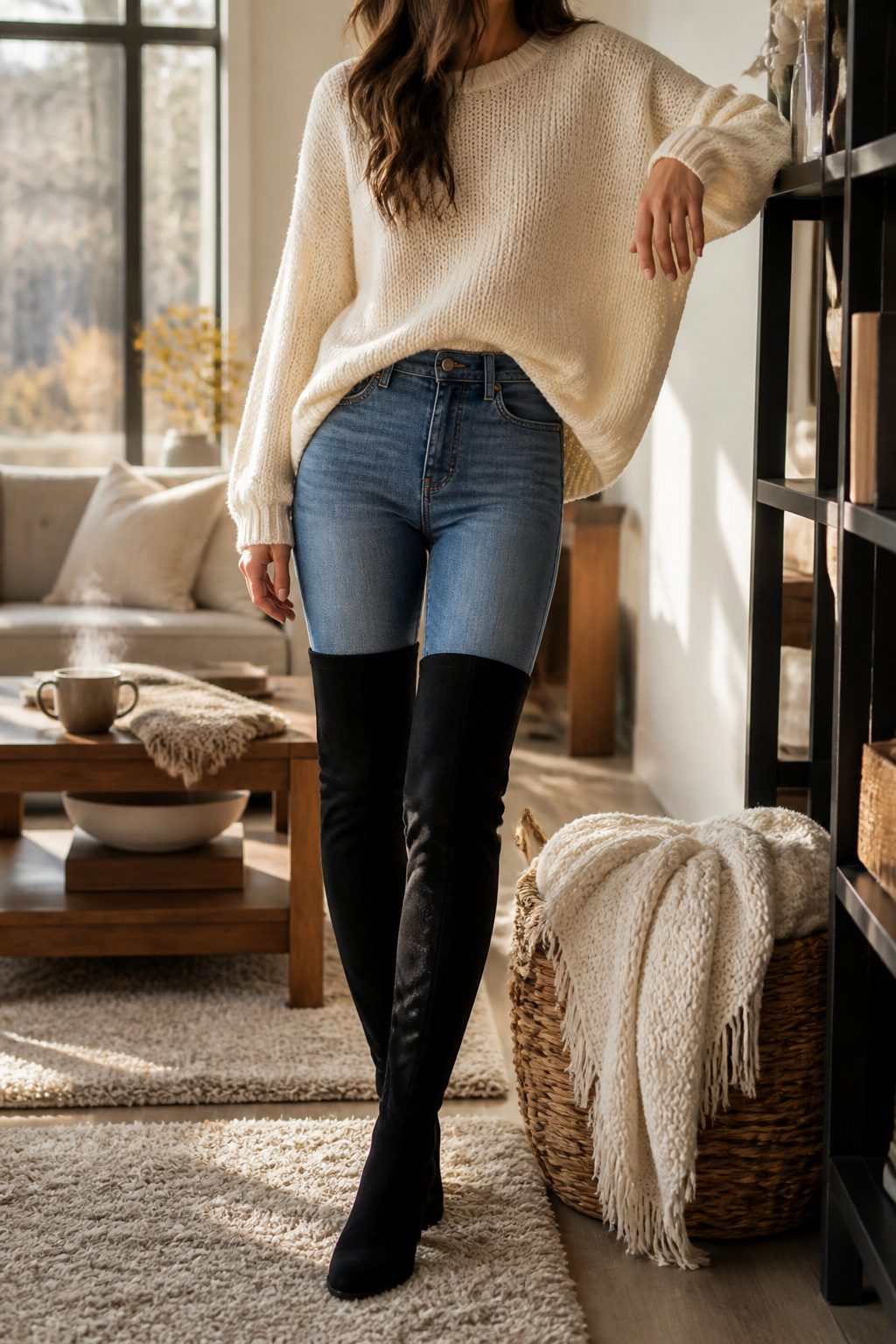 Ivory knit sweater over denim with black over-the-knee boots.