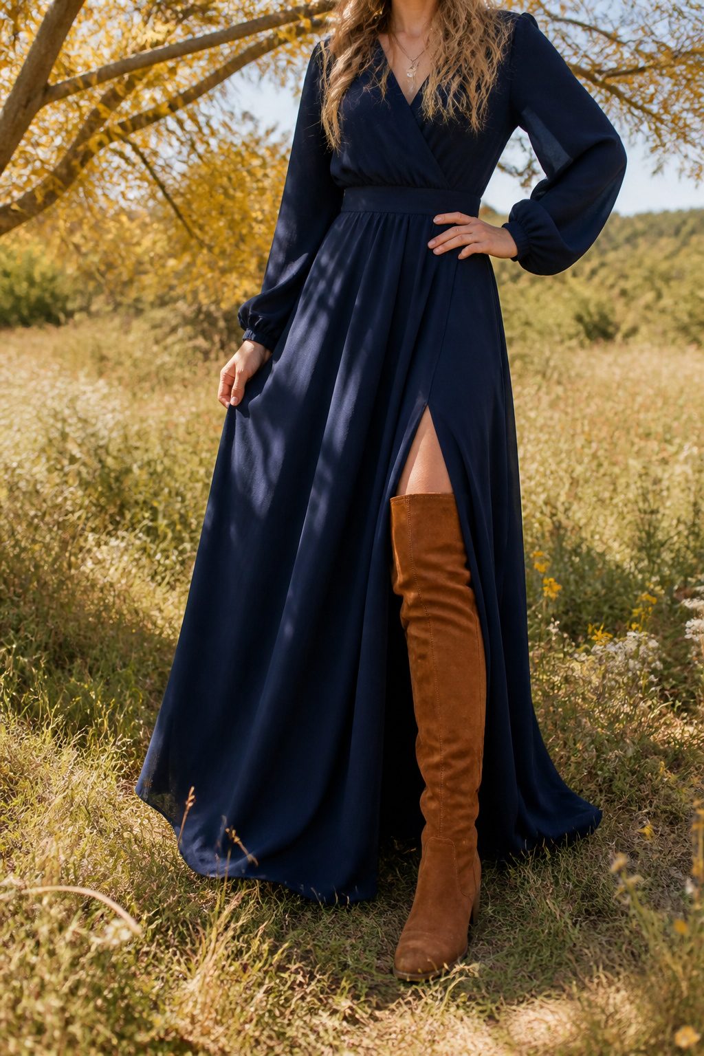 Maxi dress flowing over cognac over-the-knee boots with a side slit.