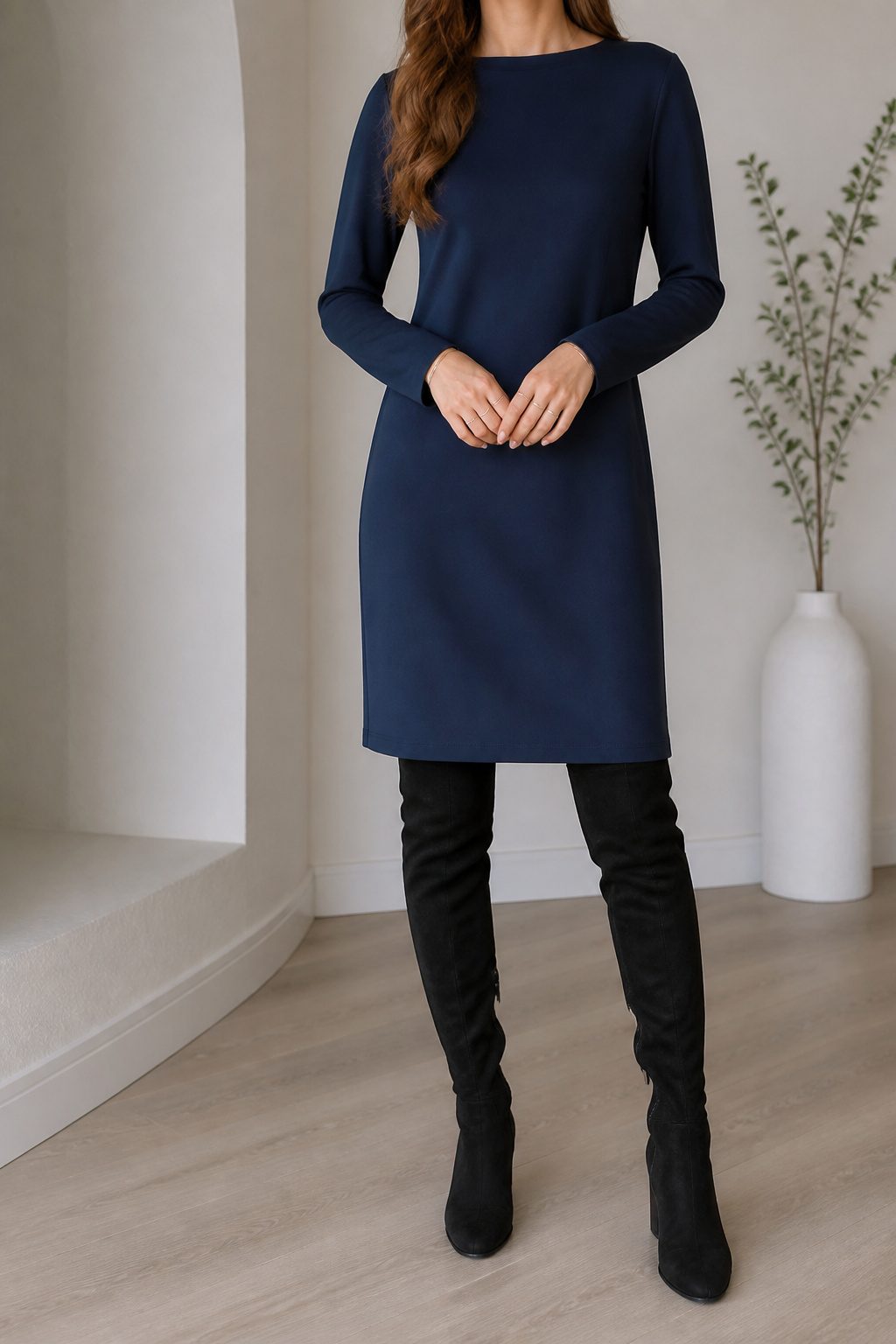 Navy column dress styled with black over-the-knee boots.