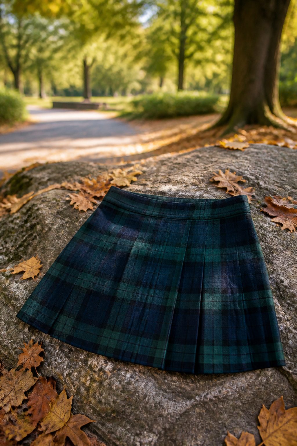 Plaid mini skirt placed on a textured background.