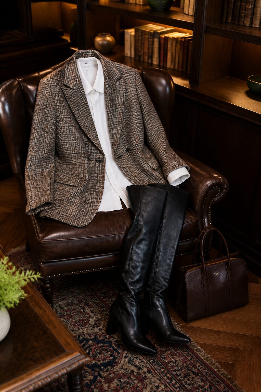 Plaid blazer and white shirt paired with over-the-knee boots.