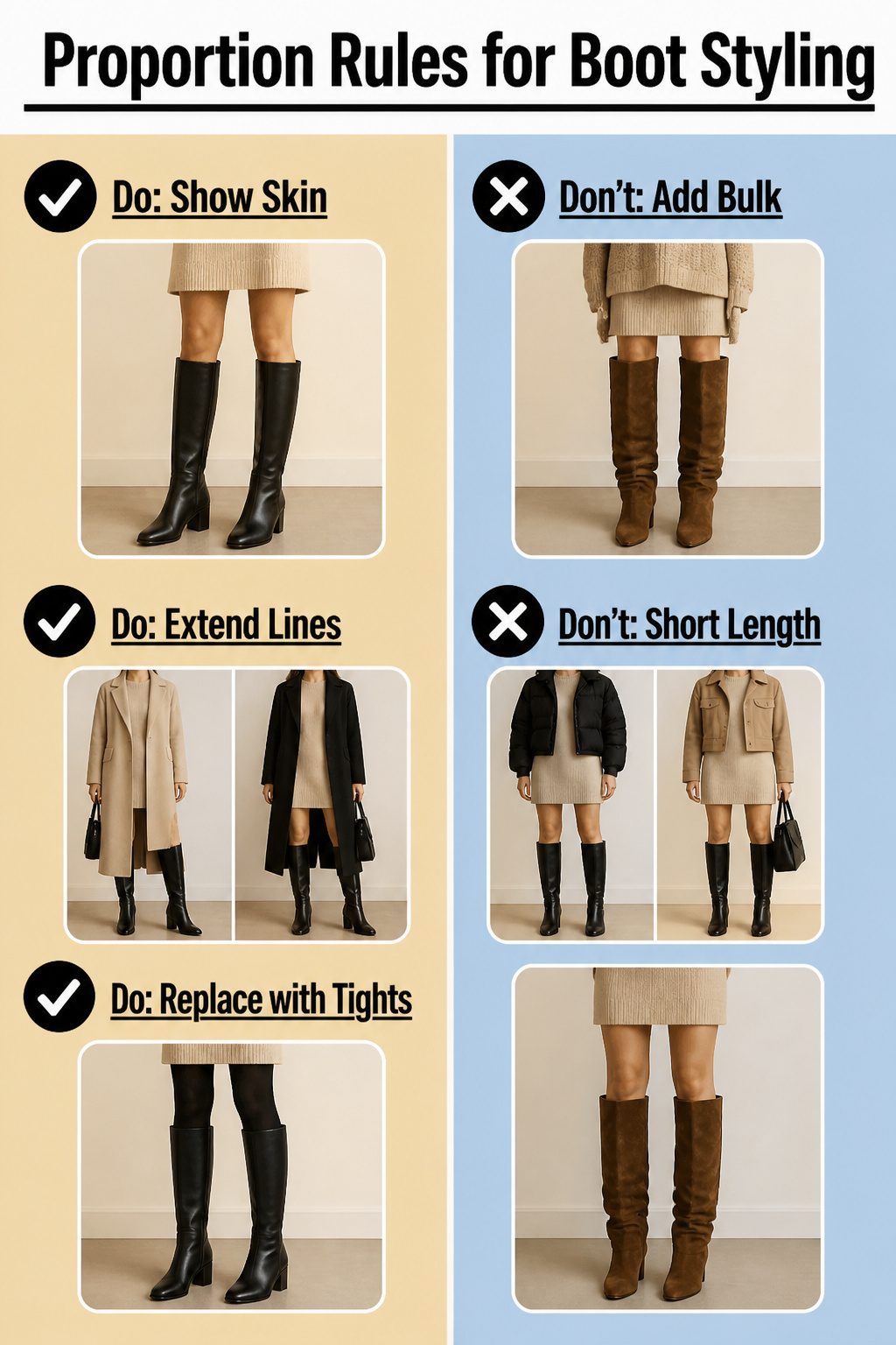 Infographic detailing proportion rules for boot styling.