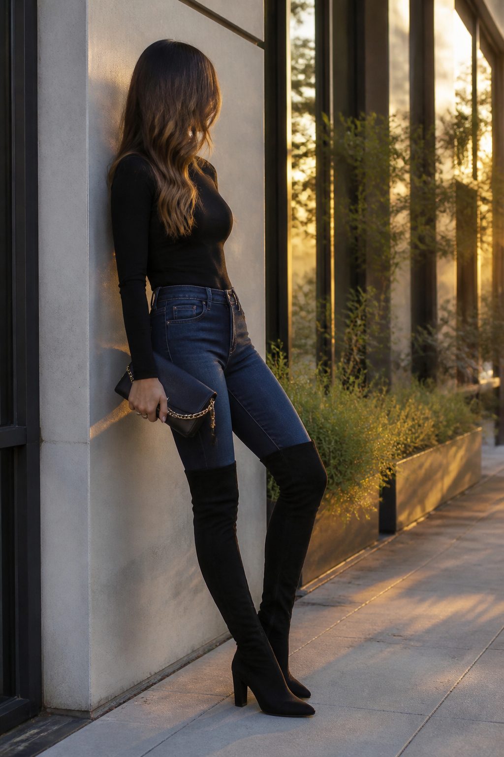 Skinny jeans and a turtleneck paired with black suede over-the-knee boots.