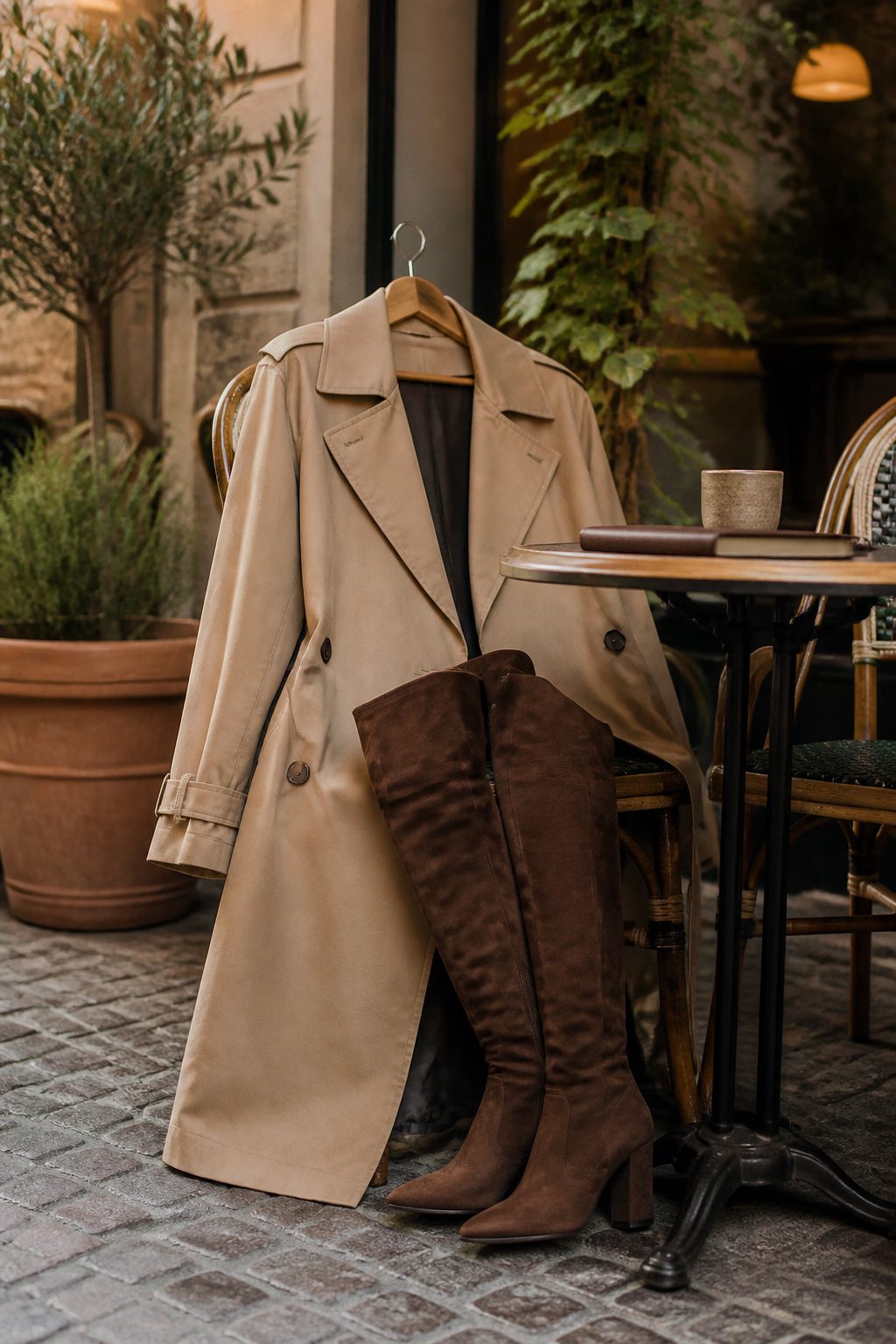 Trench coat unbuttoned over over-the-knee boots.