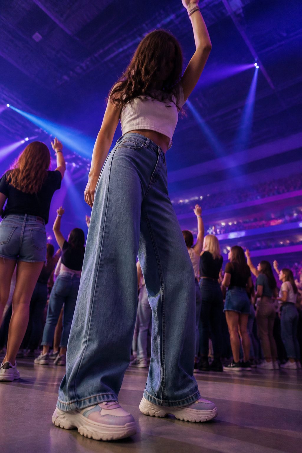 How to Dress for a Pop Concert in 2026 9 A woman wears chunky shoes suitable for standing at a concert.