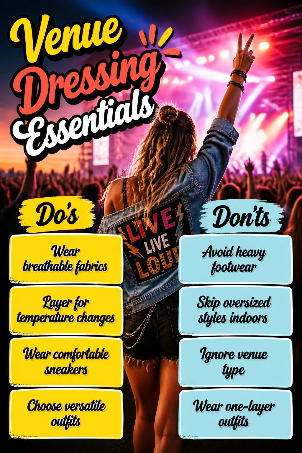 How to Dress for a Pop Concert in 2026 12 A woman highlights venue-specific outfit considerations for concerts.