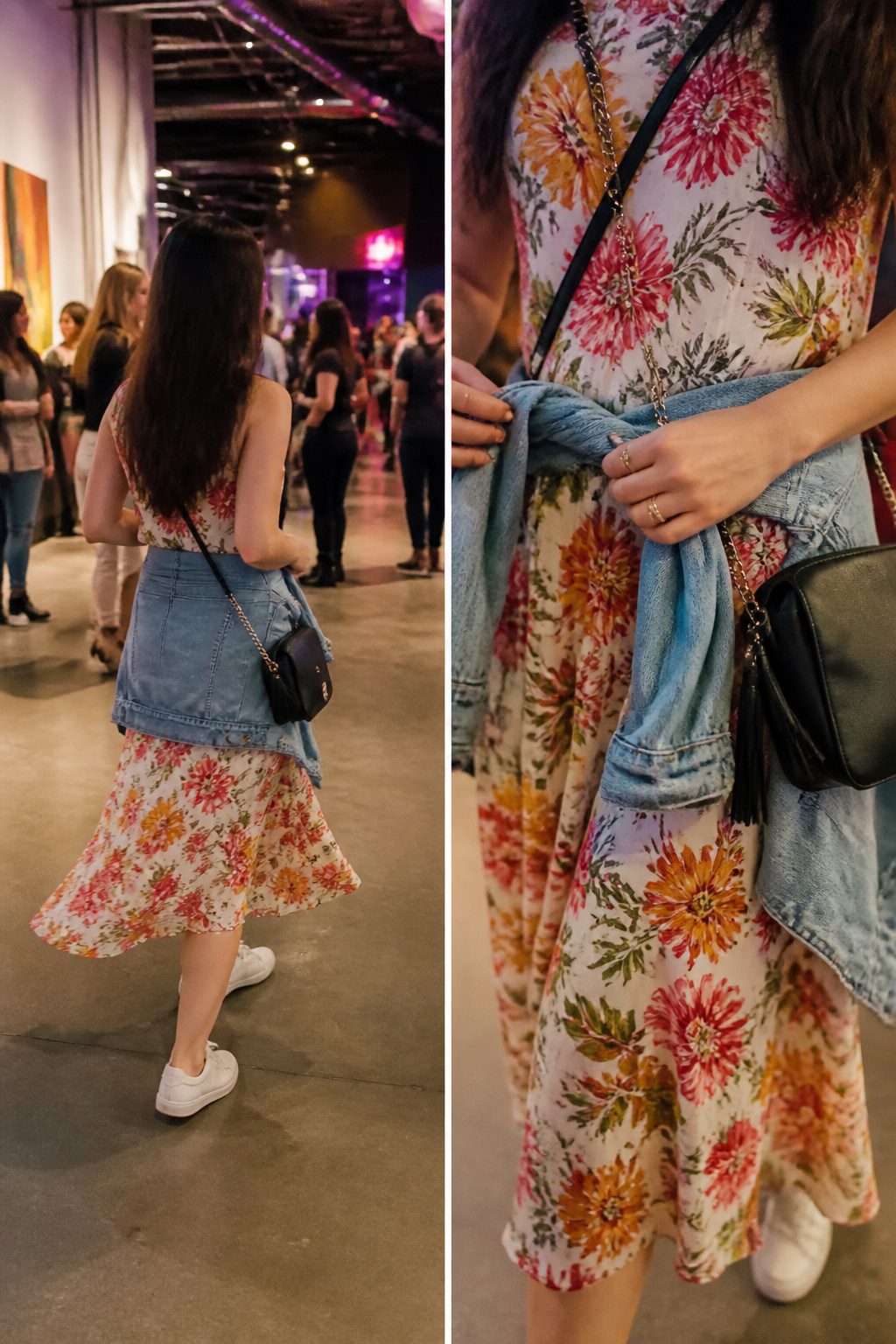 How to Dress for a Pop Concert in 2026 7 A woman wears a midi dress with a jean jacket at a concert.