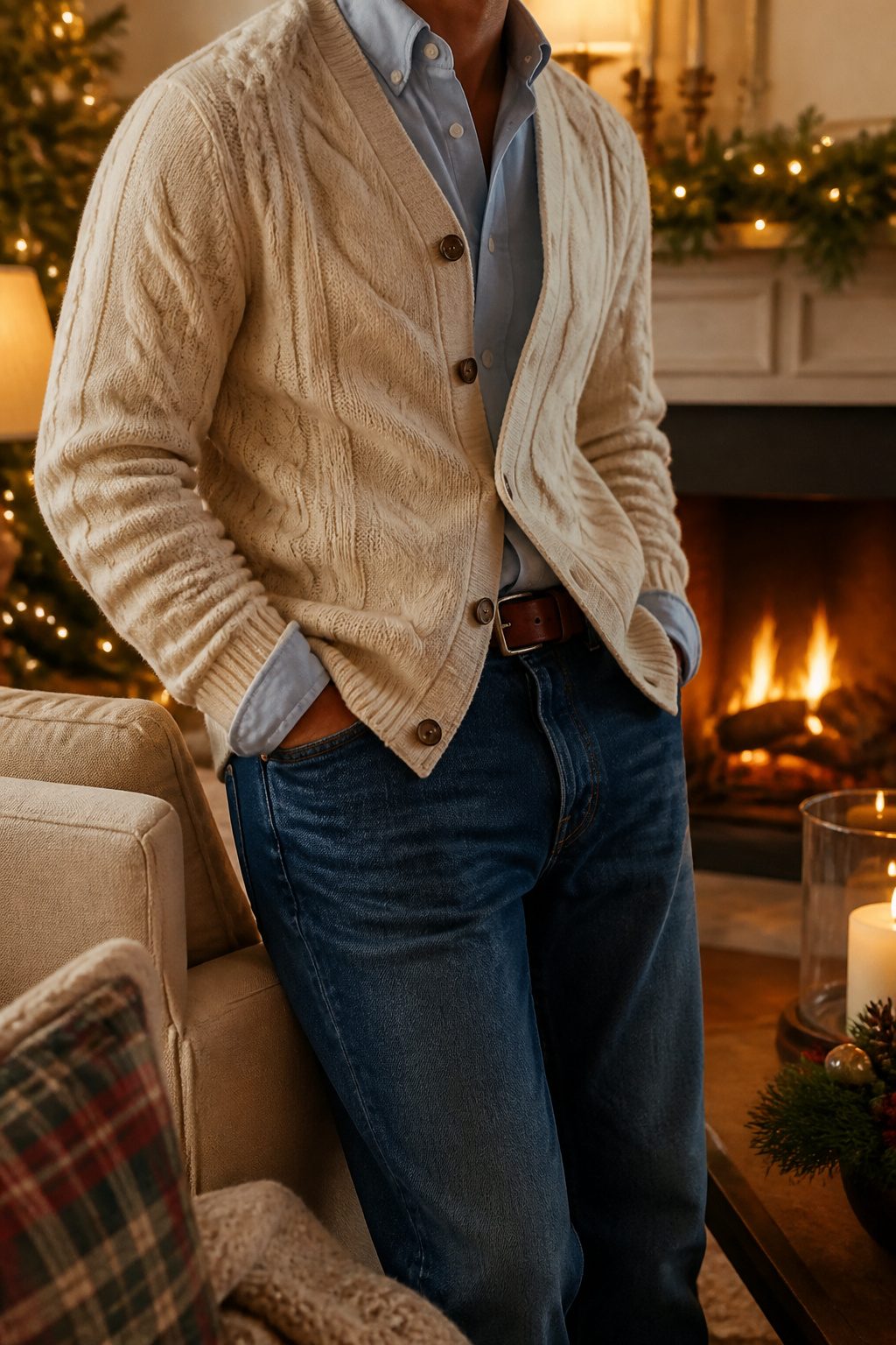 7 Ralph Lauren Christmas Outfit Ideas for 2026 5 Cream cable knit cardigan over an Oxford shirt and jeans.