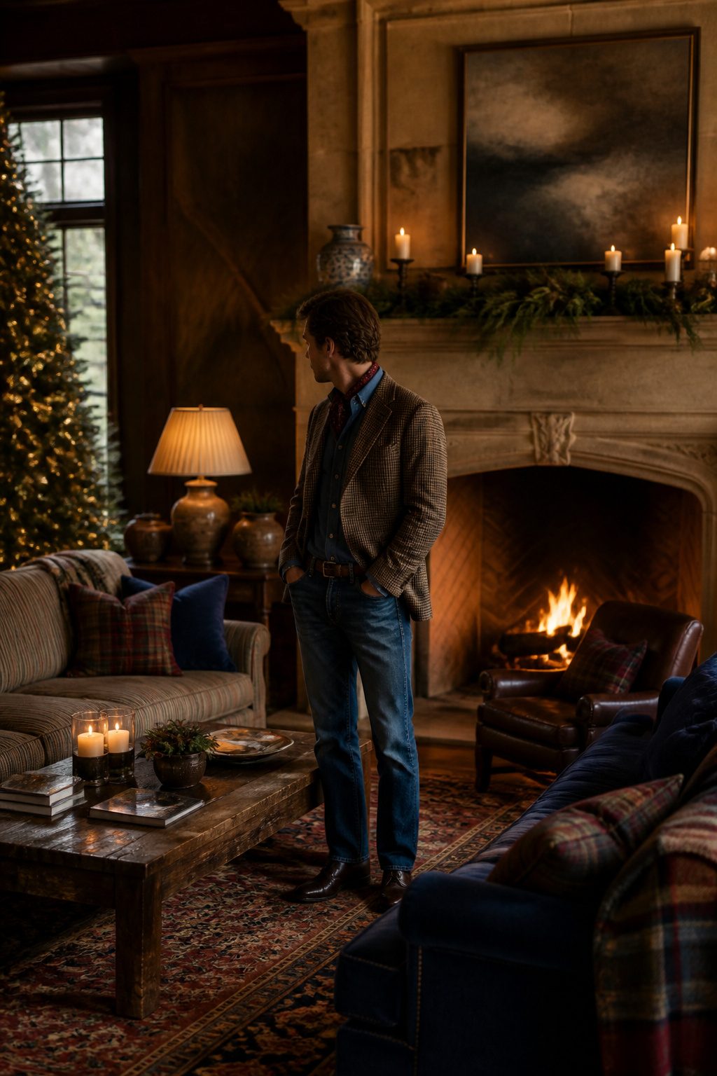 7 Ralph Lauren Christmas Outfit Ideas for 2026 7 Denim shirt and jeans styled with a tweed blazer.