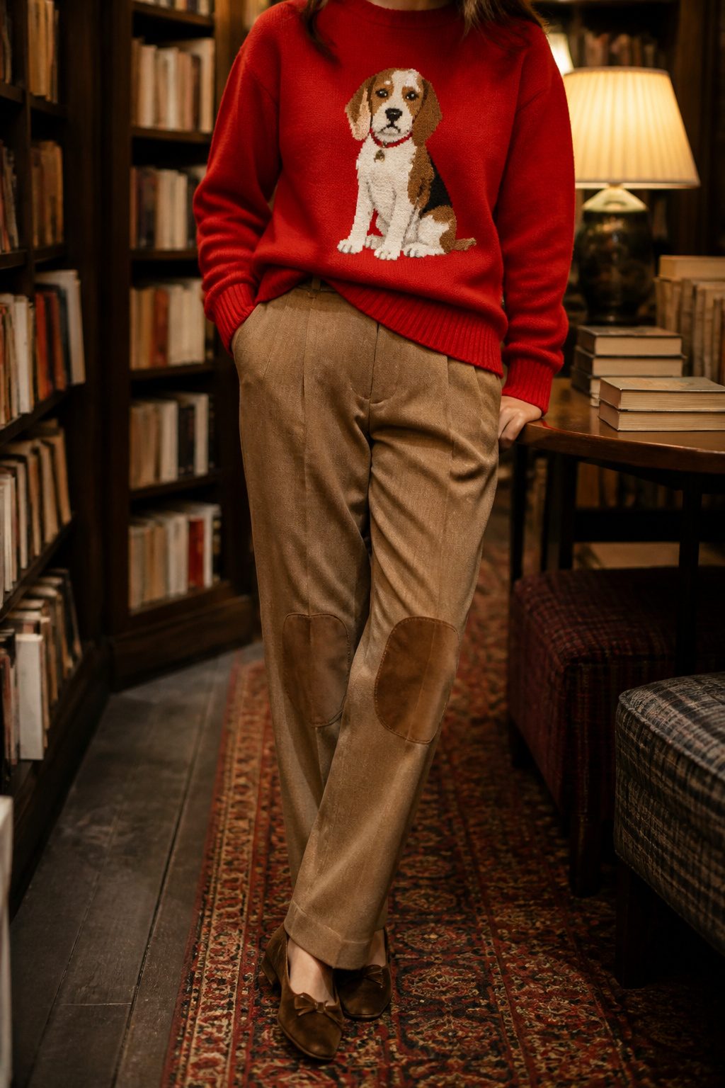 7 Ralph Lauren Christmas Outfit Ideas for 2026 4 Red dog sweater layered over chambray shirt and camel trousers.