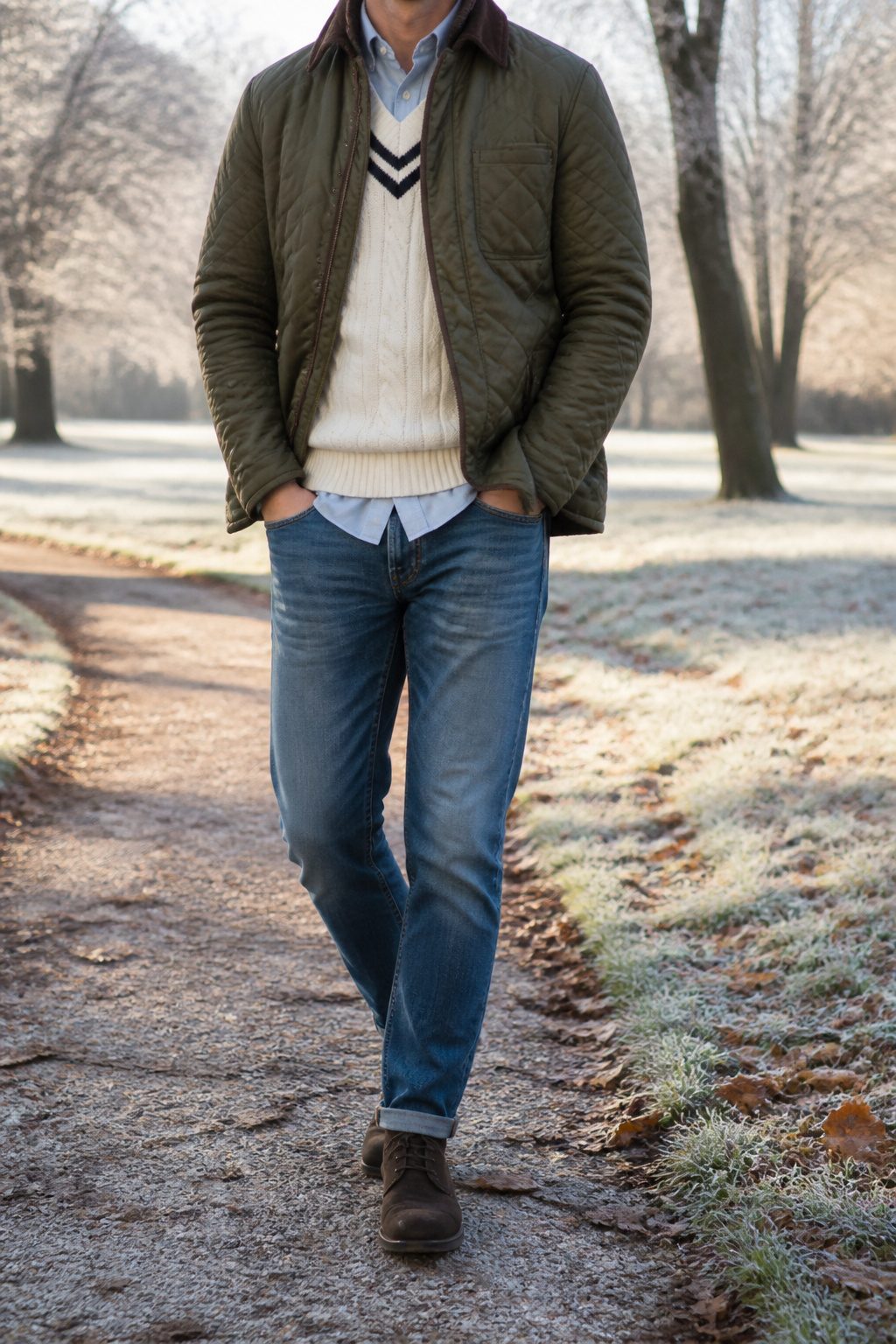 7 Ralph Lauren Christmas Outfit Ideas for 2026 3 Olive quilted jacket layered over a cream cricket sweater and denim.