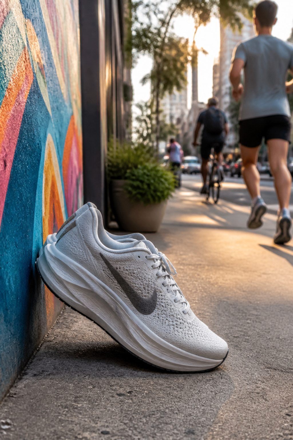 Nike Vomero Plus displayed on a textured city sidewalk.