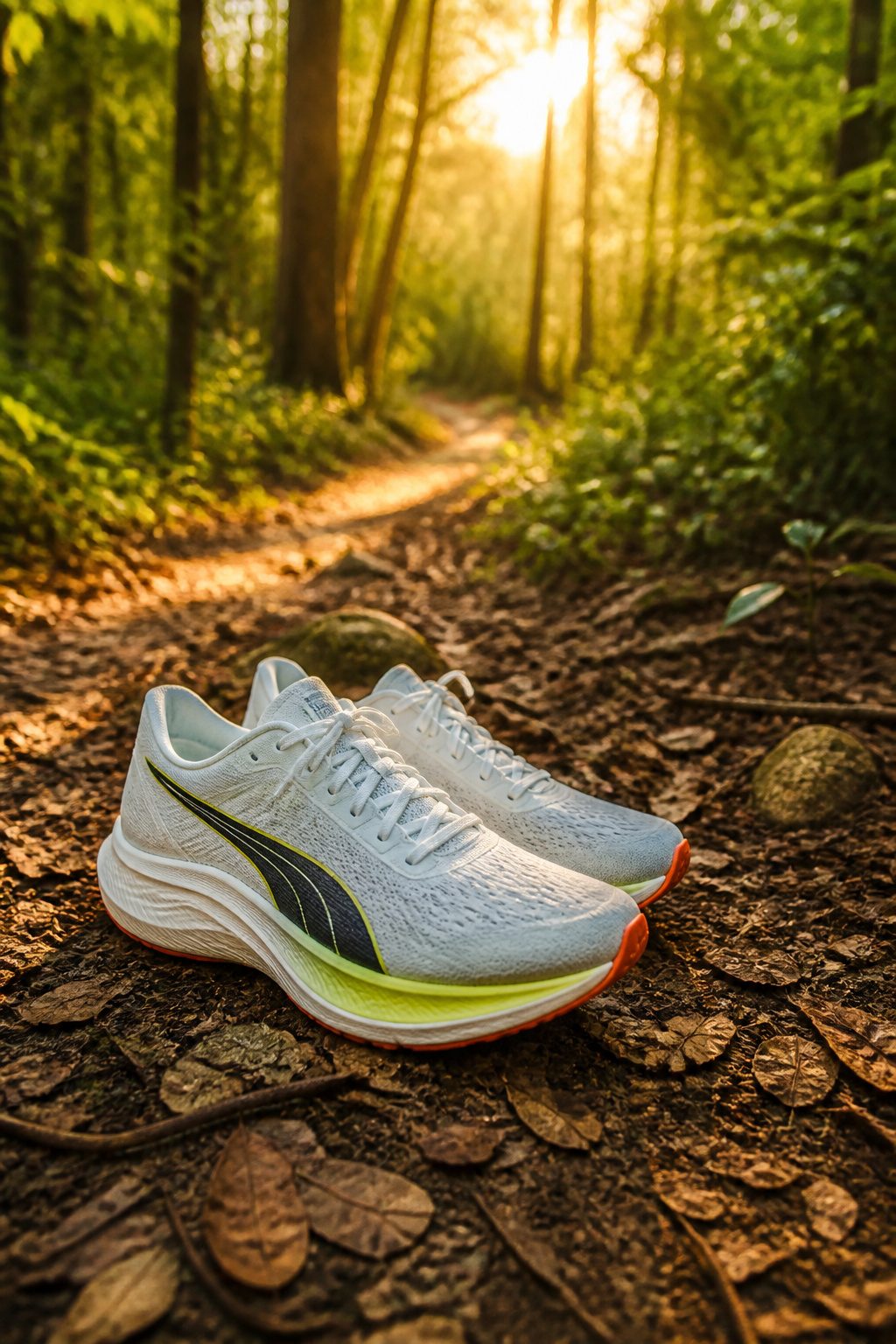 Puma Deviate Pure Nitro placed on a bed of leaves on a forest trail.
