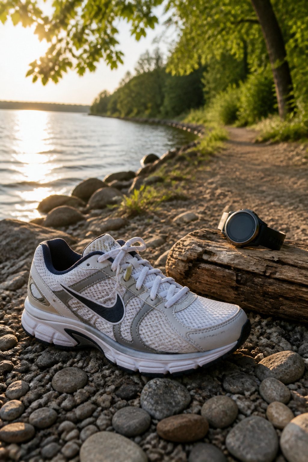 Nike Structure Plus displayed on a pebbled lakeside path.