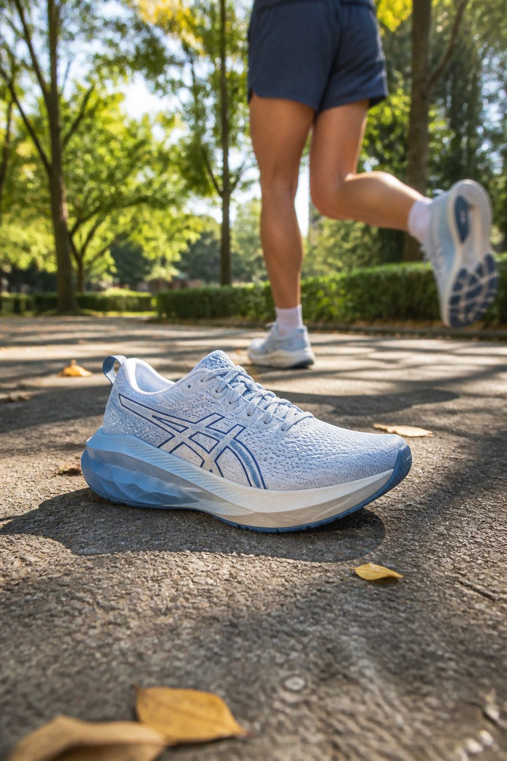 Asics Superblast 3 placed on an asphalt path in a park.